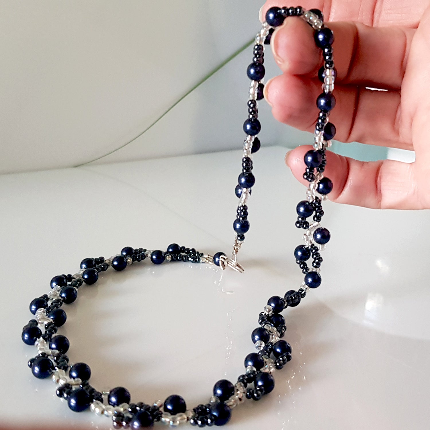 Dancing Clouds - Swarovski Dark Blue Pearl Beaded Necklace | (KJ-378N) Handmade Designer Necklace - Kalitheo Jewellery