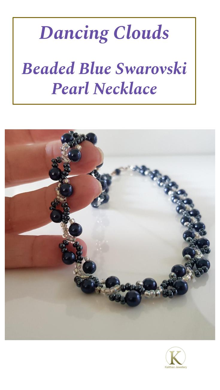 Dancing Clouds - Swarovski Dark Blue Pearl Beaded Necklace | (KJ-378N) Handmade Designer Necklace - Kalitheo Jewellery