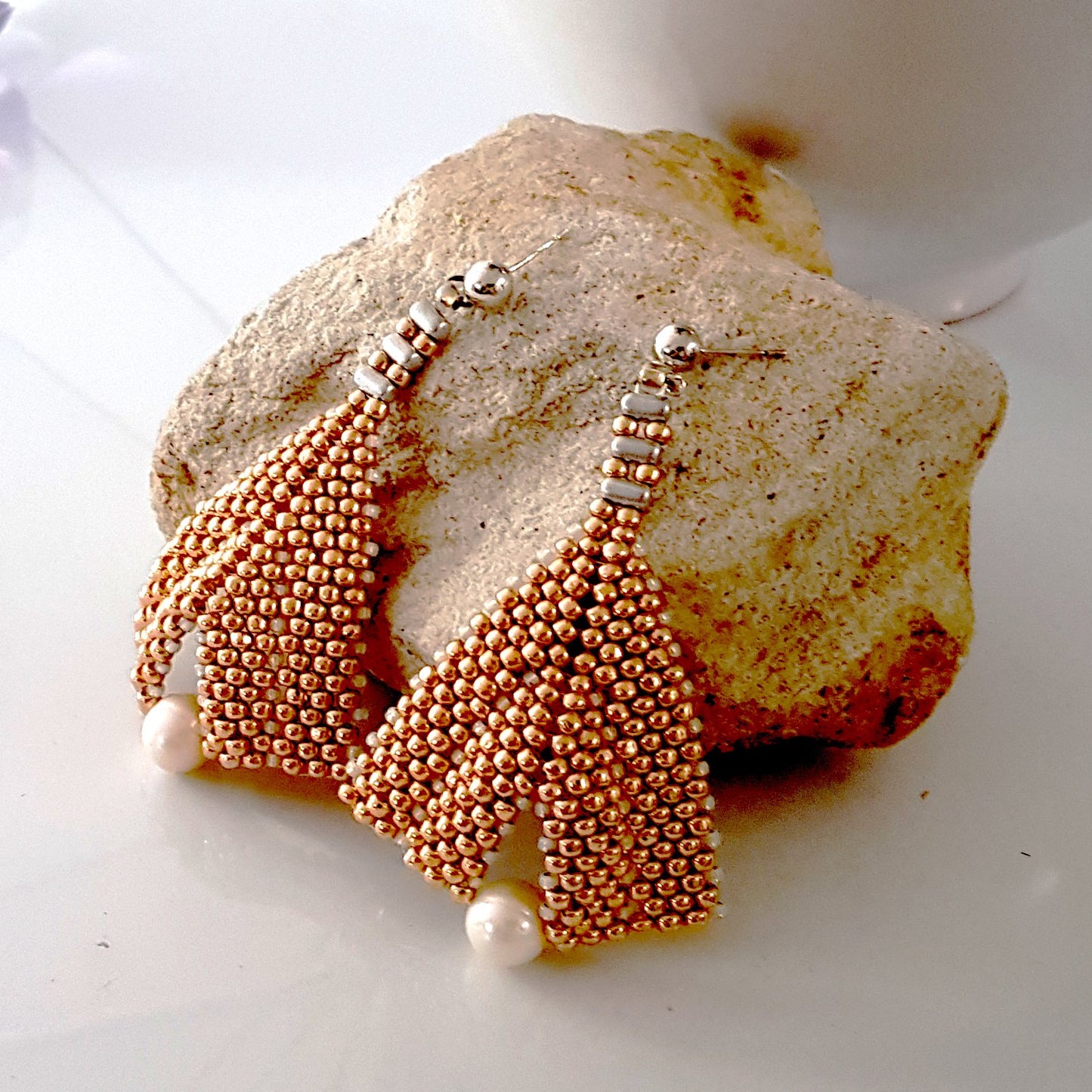 Goddess Leaf Earrings - Rose Gold Beaded | KJ-386E/RG | Designer Artisan Earrings - Kalitheo Jewellery