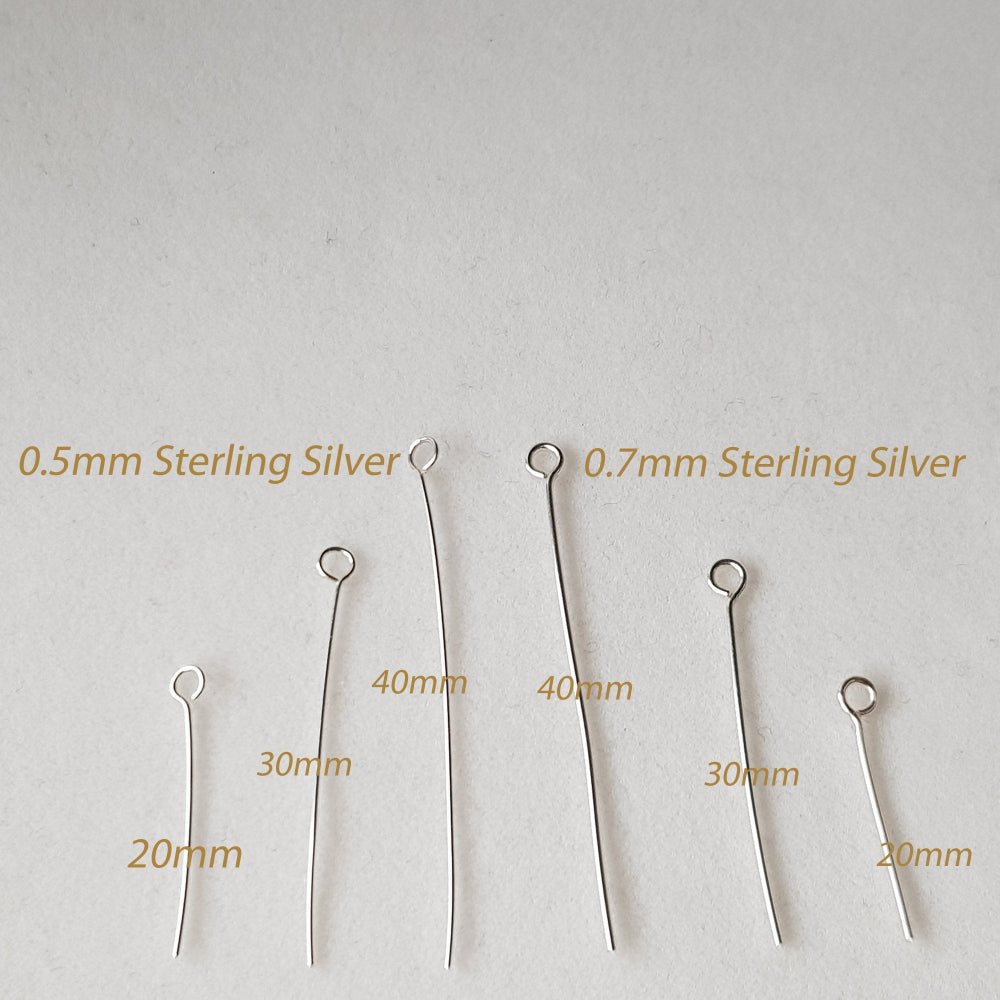 Eye Pins 20mm comparison of 0.7mm and 0.5mm wire thickness and lengths.