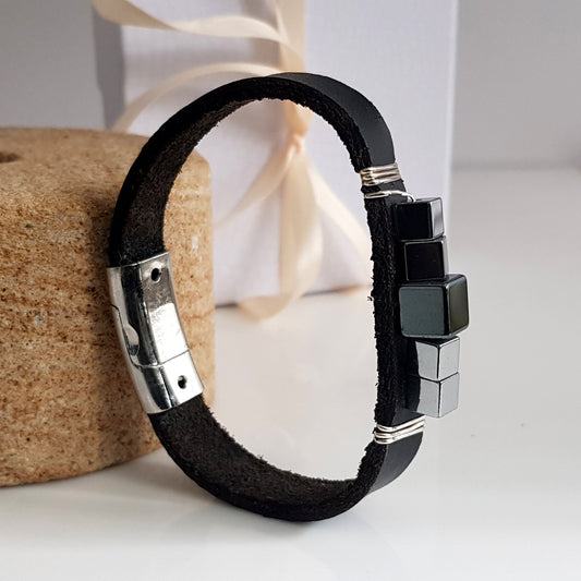 Black Leather Band with Haematite wrapped Mens Bracelet | KJ-287B | Unisex Jewellery - Kalitheo Jewellery