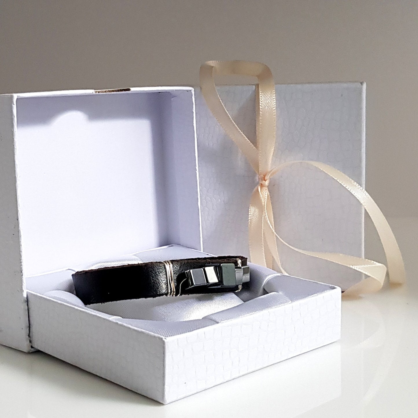 Black Leather Band with Haematite wrapped Mens Bracelet | KJ-287B | Unisex Jewellery - Kalitheo Jewellery