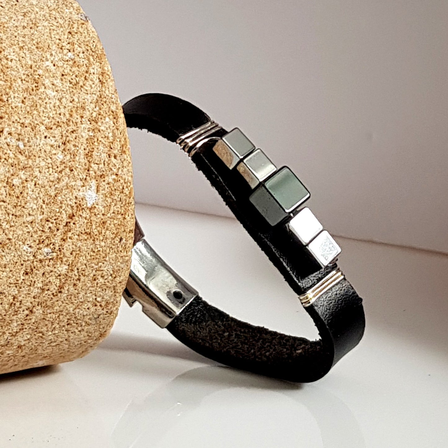 Black Leather Band with Haematite wrapped Mens Bracelet | KJ-287B | Unisex Jewellery - Kalitheo Jewellery
