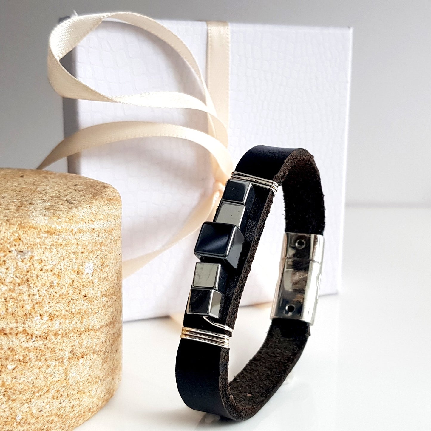 Black Leather Band with Haematite wrapped Mens Bracelet | KJ-287B | Unisex Jewellery - Kalitheo Jewellery