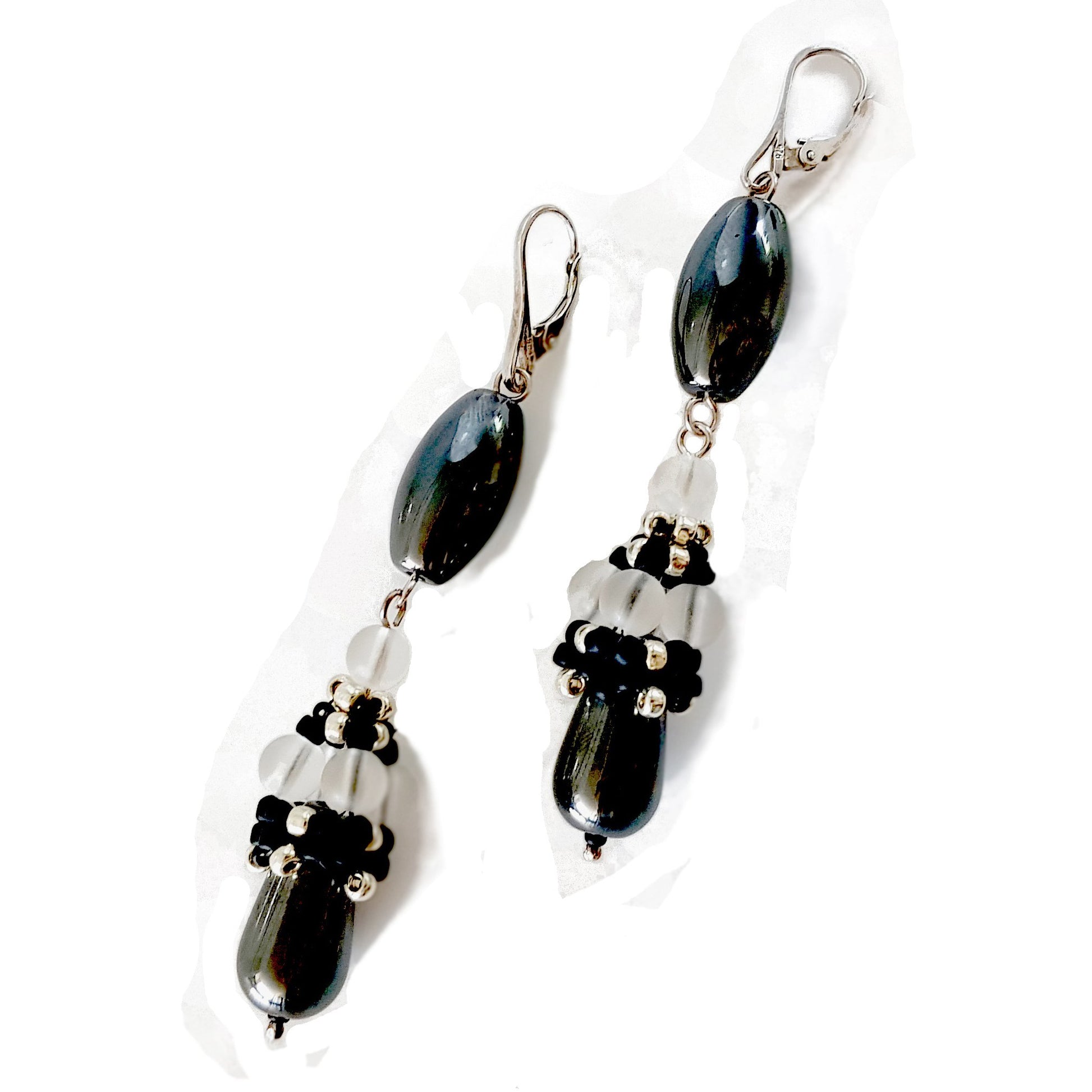 Calming Princess Earrings - Beaded Cap Haematite Long Dangle | KJ-371E | Handmade Earrings - Kalitheo Jewellery