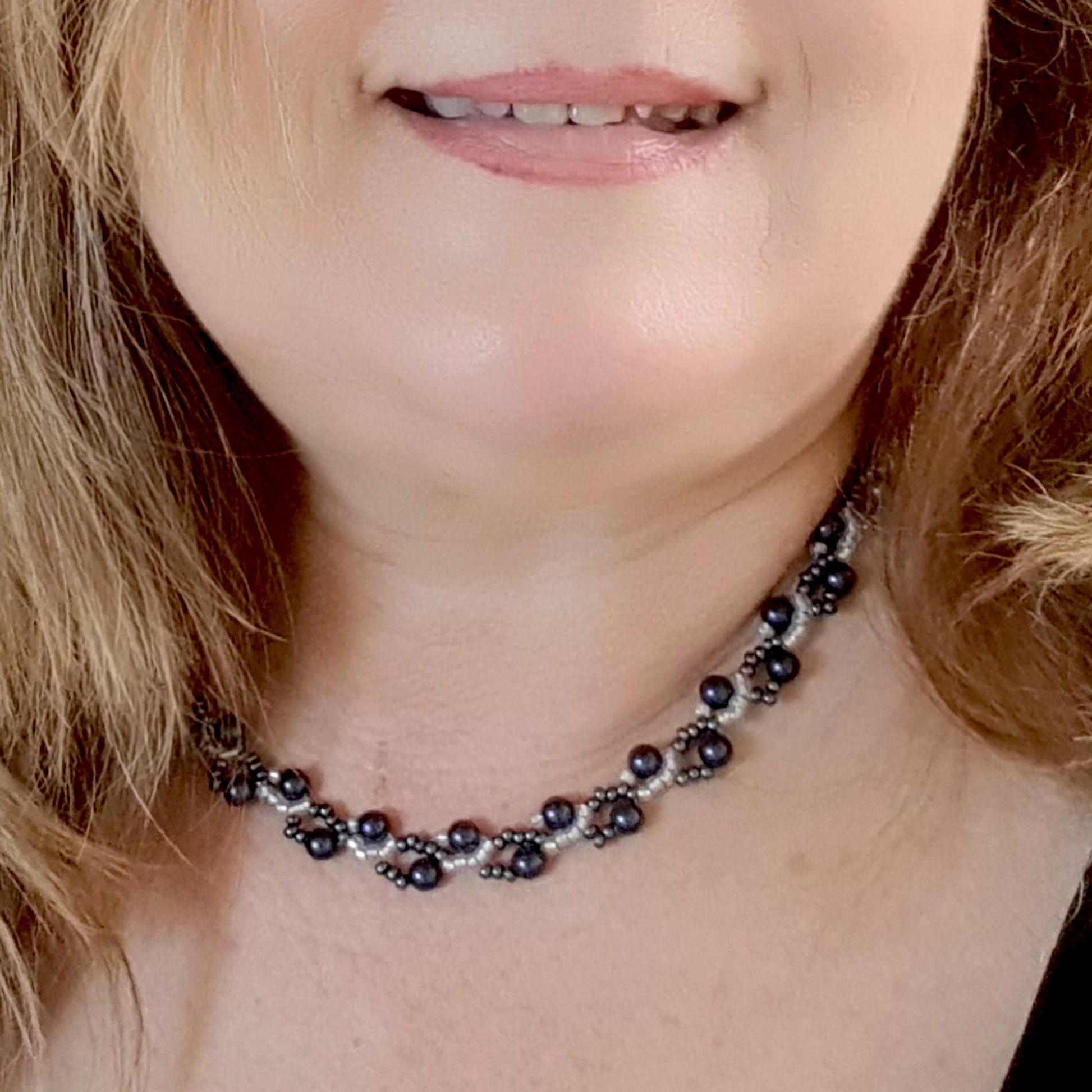 Dancing Clouds - Swarovski Dark Blue Pearl Beaded Necklace | (KJ-378N) Handmade Designer Necklace - Kalitheo Jewellery