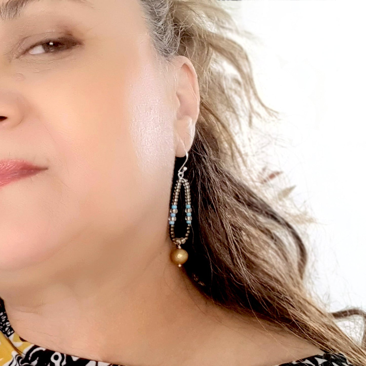 Gold Pearl Dangle Hoop Earrings | KJ-412EG | Artisan Earrings - Kalitheo Jewellery