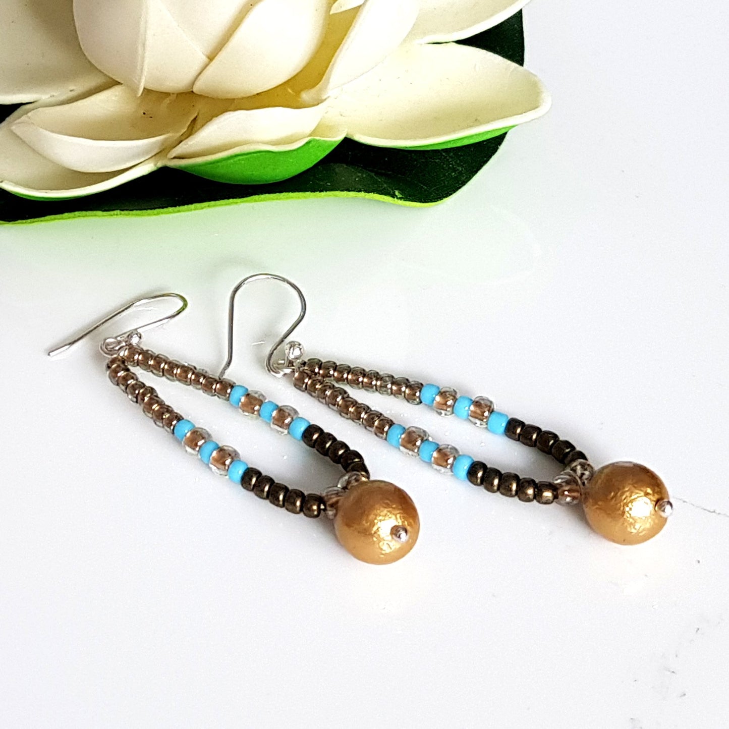 Gold Pearl Dangle Hoop Earrings | KJ-412EG | Artisan Earrings - Kalitheo Jewellery
