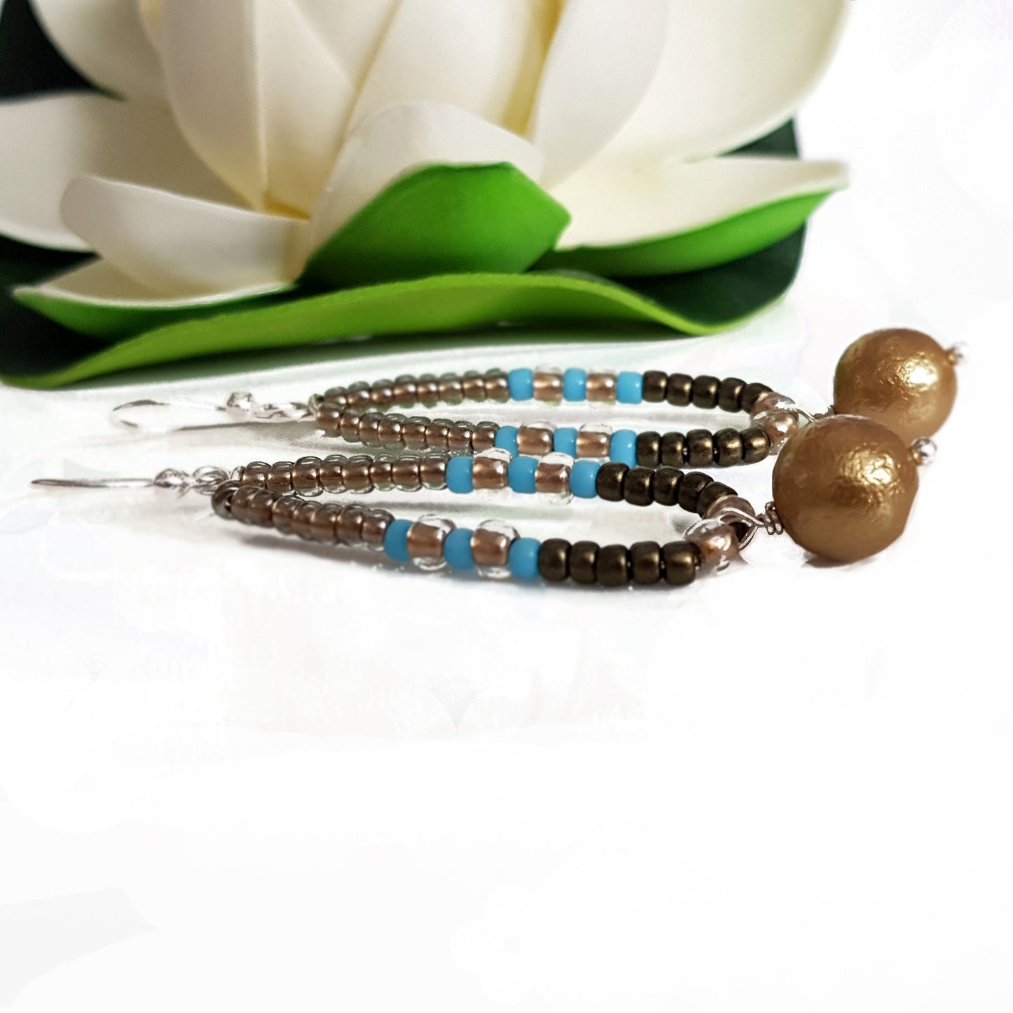 Gold Pearl Dangle Hoop Earrings | KJ-412EG | Artisan Earrings - Kalitheo Jewellery
