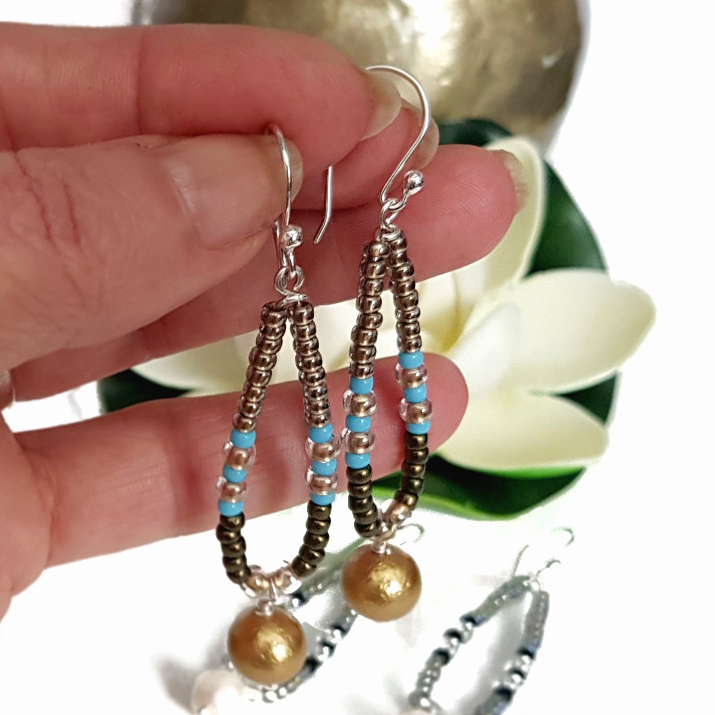 Gold Pearl Dangle Hoop Earrings | KJ-412EG | Artisan Earrings - Kalitheo Jewellery