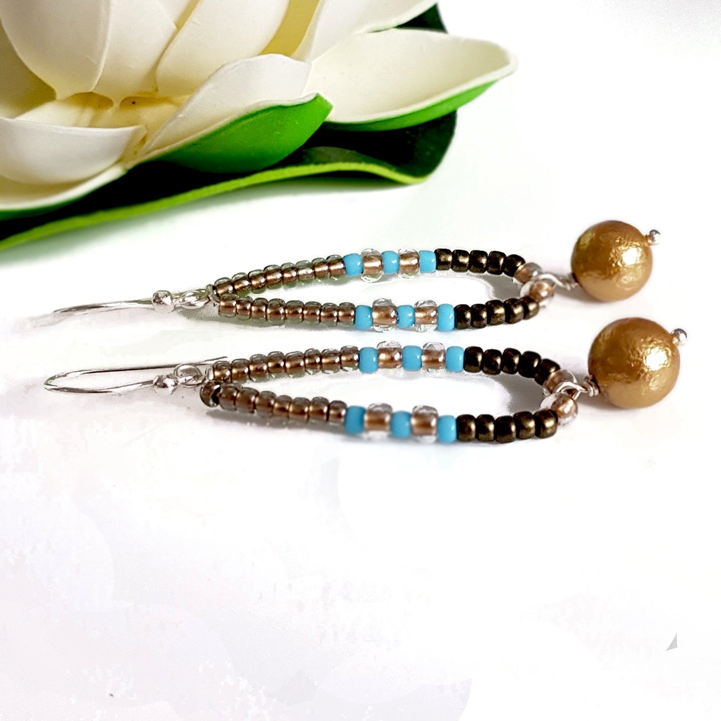 Gold Pearl Dangle Hoop Earrings | KJ-412EG | Artisan Earrings - Kalitheo Jewellery