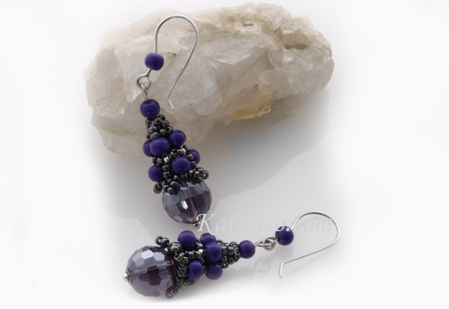 KTC-279 Beaded Cap Purple Dangle Earrings - Kalitheo Jewellery