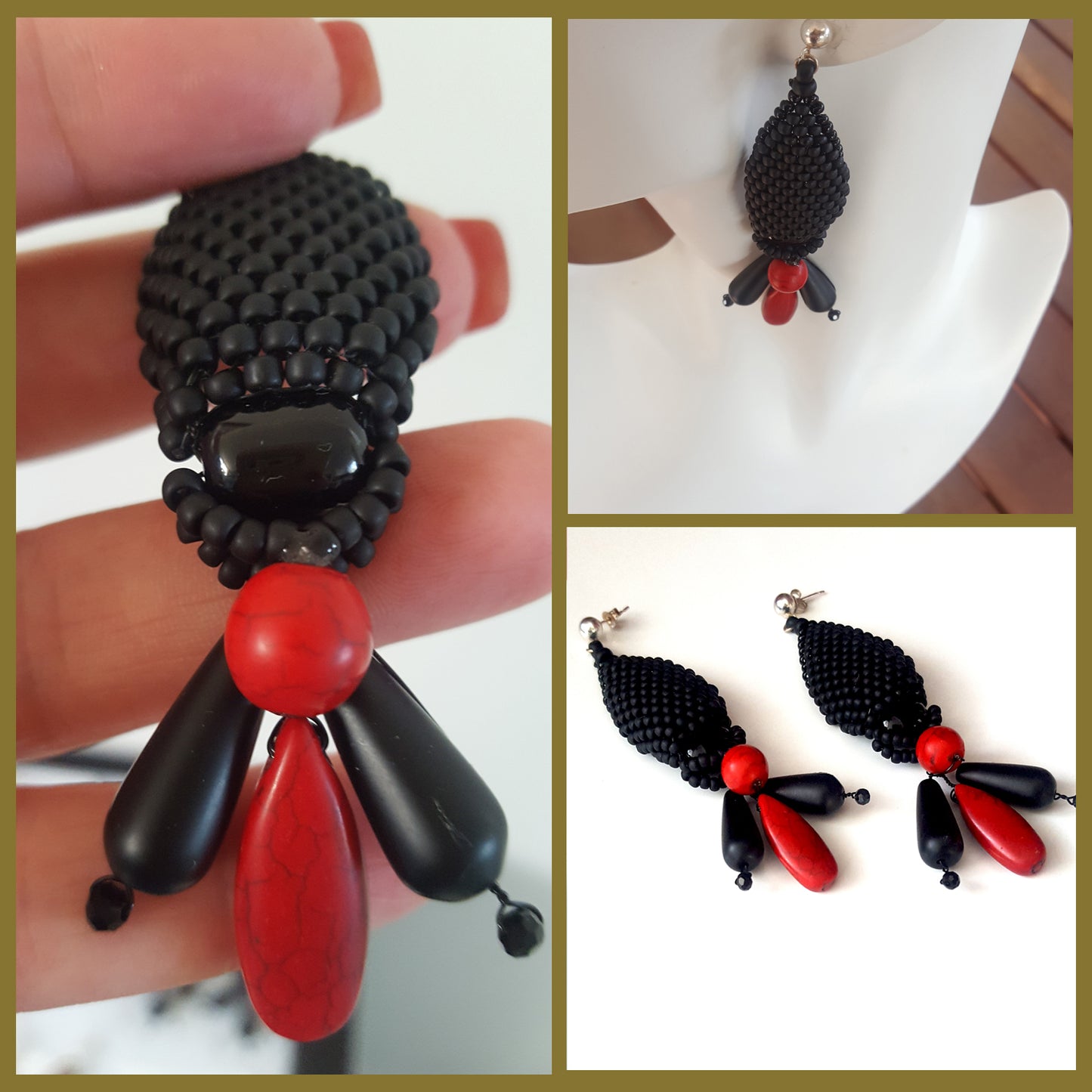 KTC-380 Stunning Statement Earrings - Black Agate - Red Howlite - Free Shipping - Kalitheo Jewellery