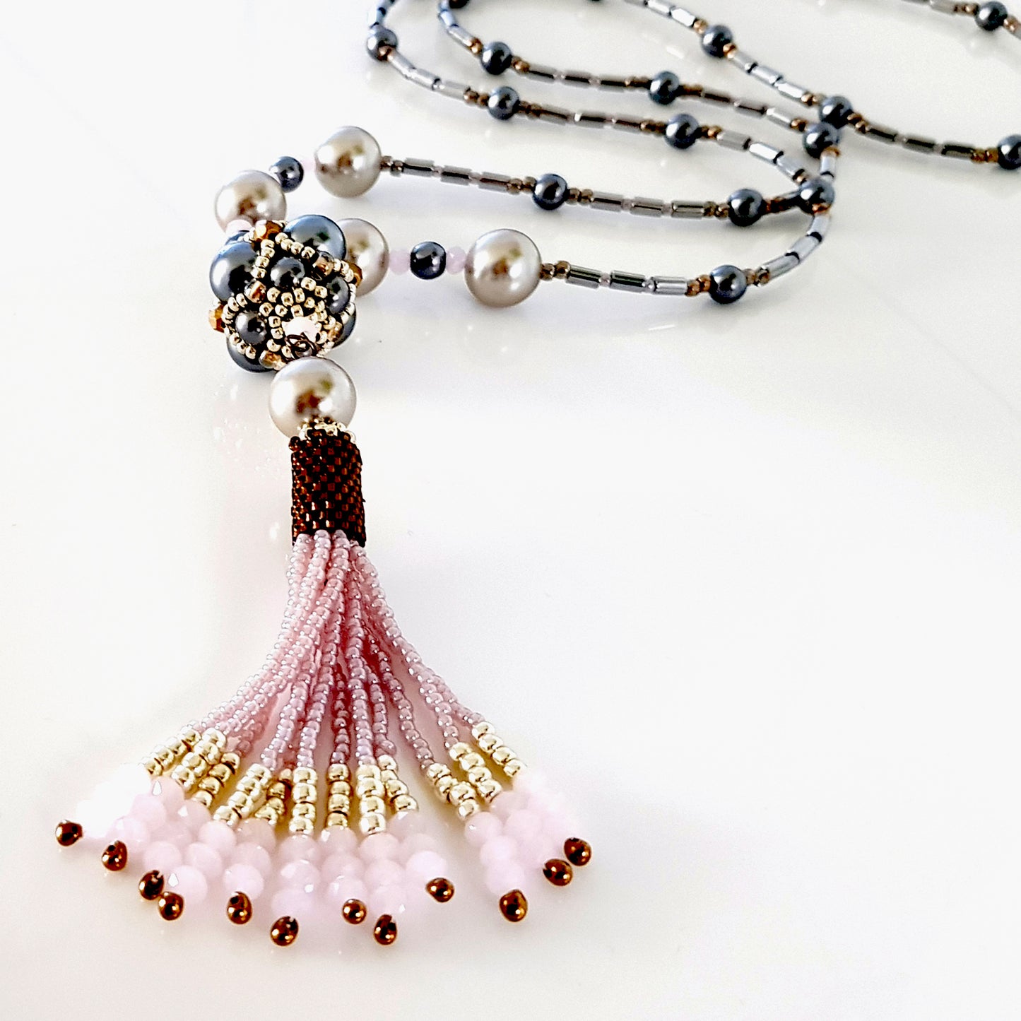The Enchanted Ball - Pink Beaded Tassel Statement Necklace | KJ-390/PIN Handmade Necklace - Kalitheo Jewellery