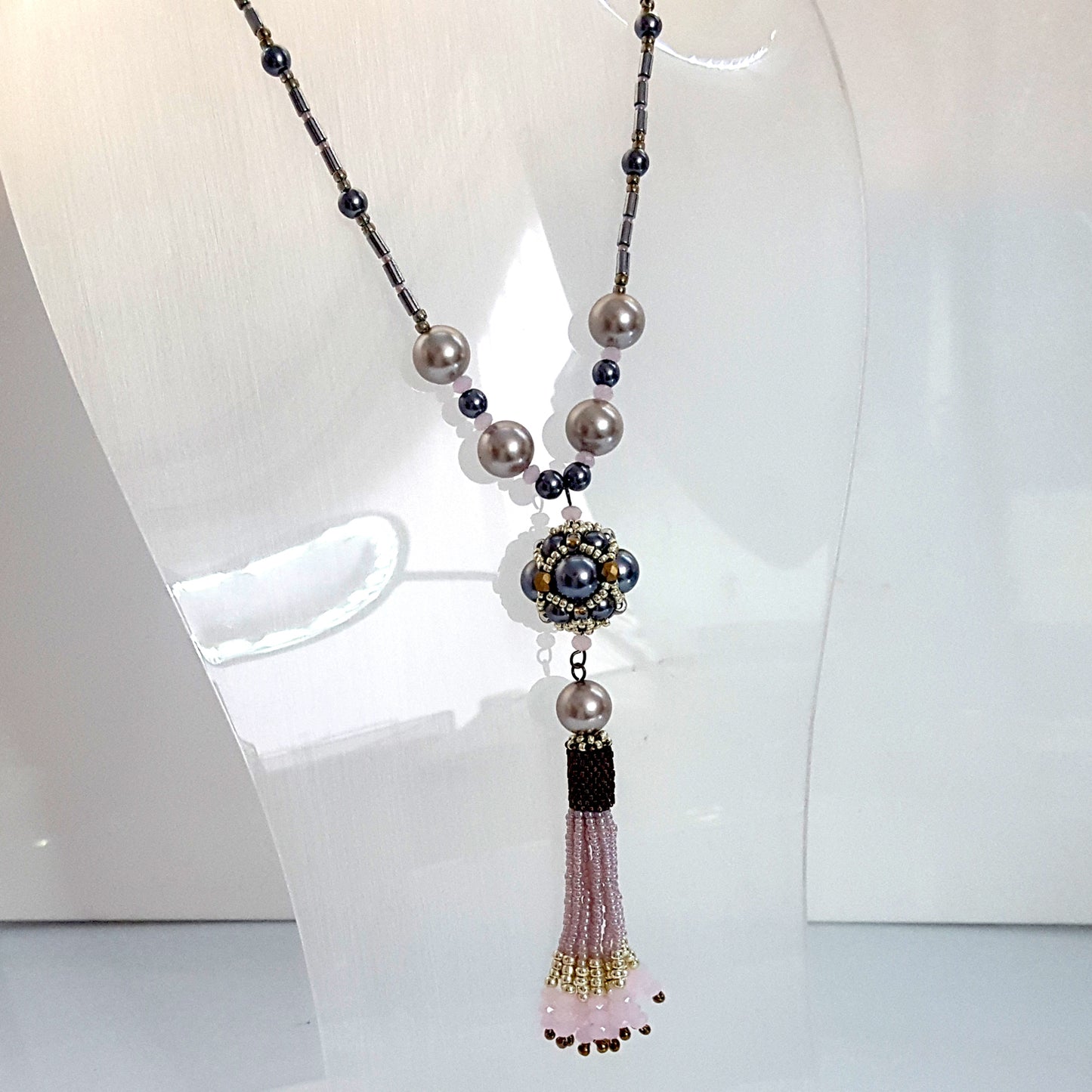 The Enchanted Ball - Pink Beaded Tassel Statement Necklace | KJ-390/PIN Handmade Necklace - Kalitheo Jewellery