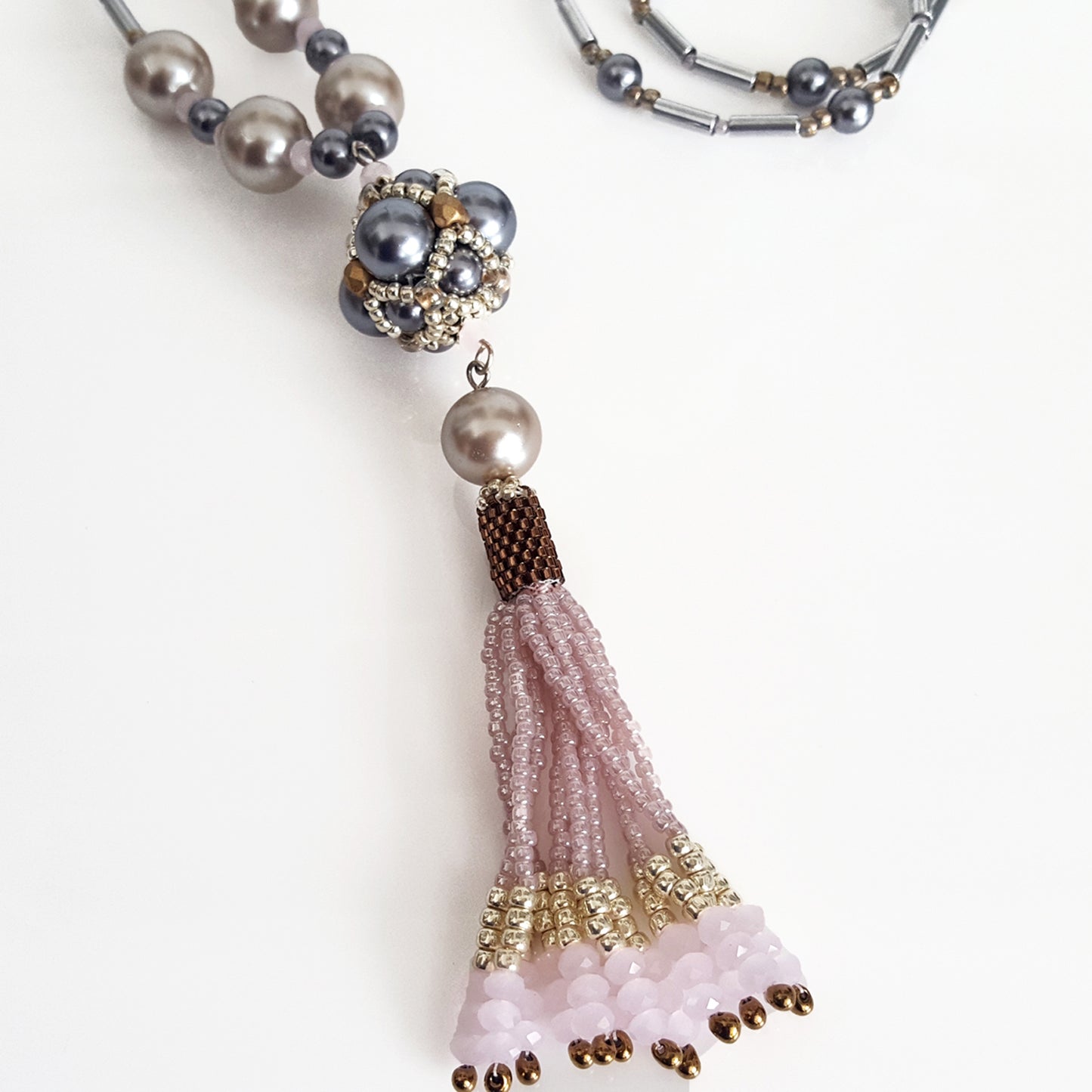 The Enchanted Ball - Pink Beaded Tassel Statement Necklace | KJ-390/PIN Handmade Necklace - Kalitheo Jewellery