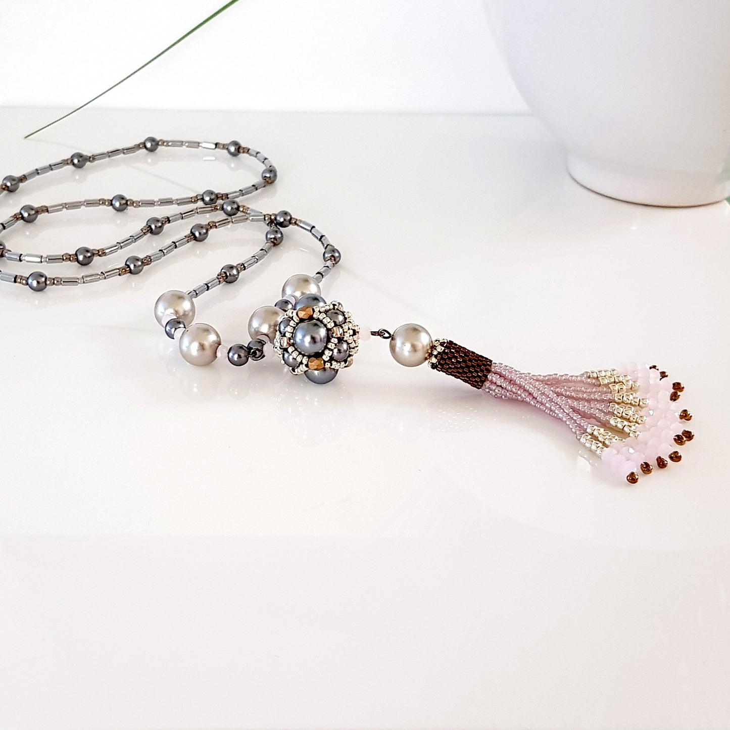 The Enchanted Ball - Pink Beaded Tassel Statement Necklace | KJ-390/PIN Handmade Necklace - Kalitheo Jewellery