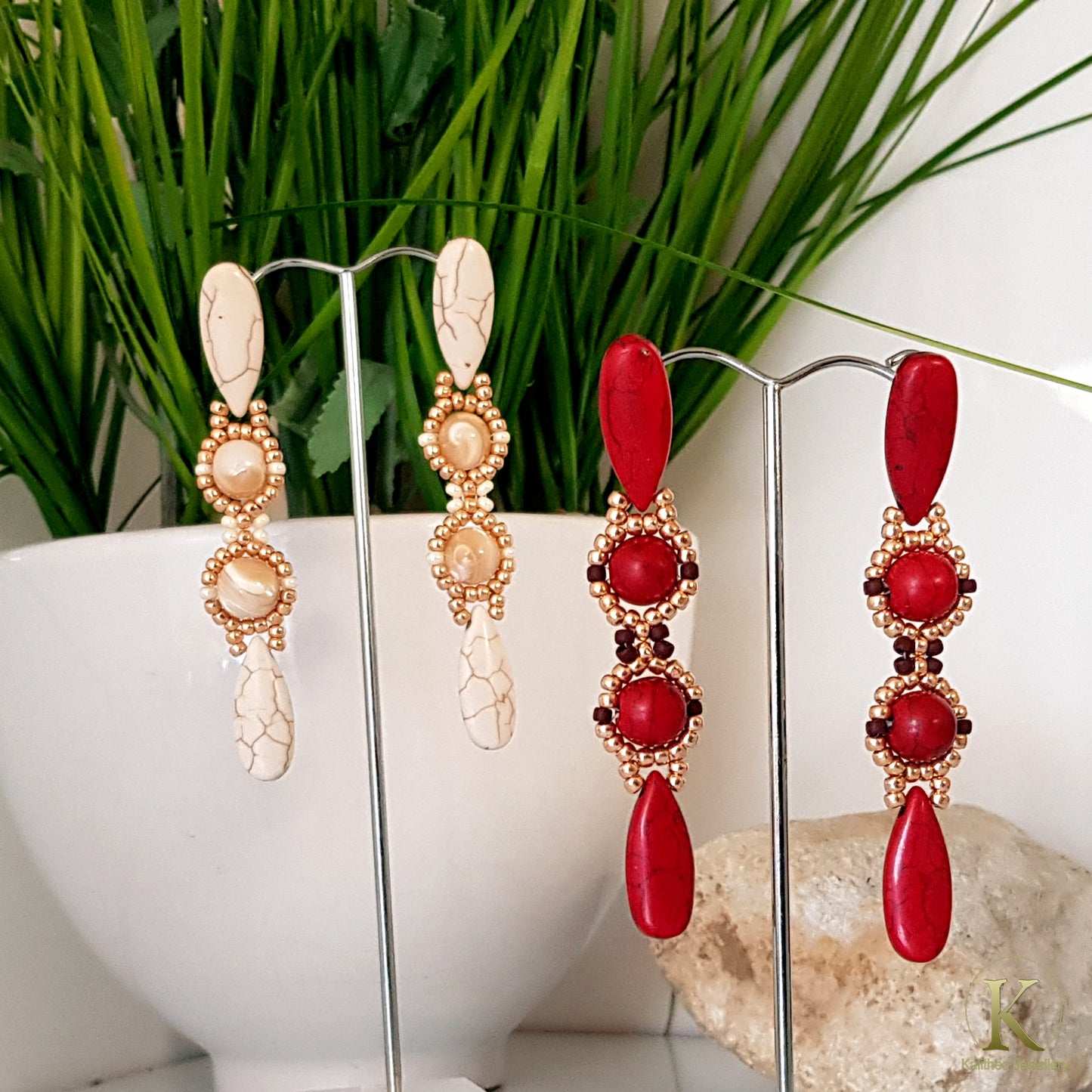 Red or White Statement Beaded Earrings | (KJ-392E) Handmade Earrings - Kalitheo Jewellery