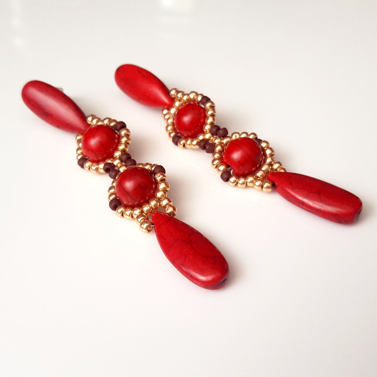 KTC-392R Red Howlite Long Dangle Statement Earrings - Free Shipping - Kalitheo Jewellery