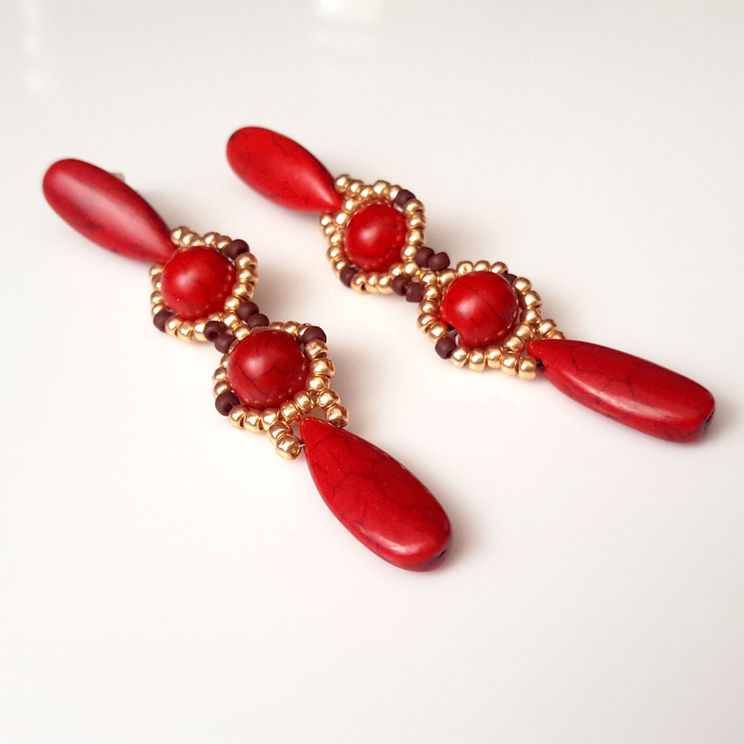 KTC-392R Red Howlite Long Dangle Statement Earrings - Free Shipping - Kalitheo Jewellery