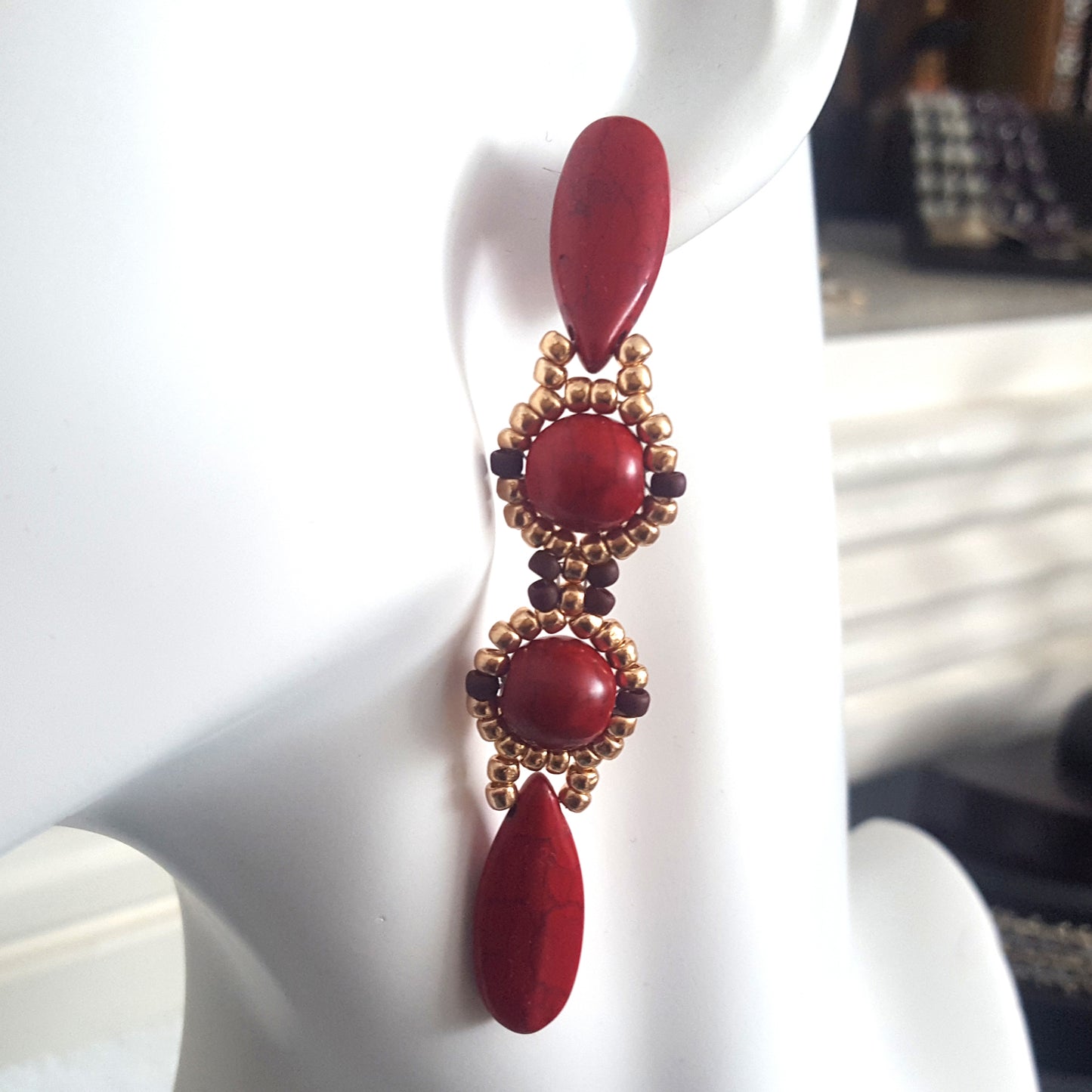 KTC-392R Red Howlite Long Dangle Statement Earrings - Free Shipping - Kalitheo Jewellery
