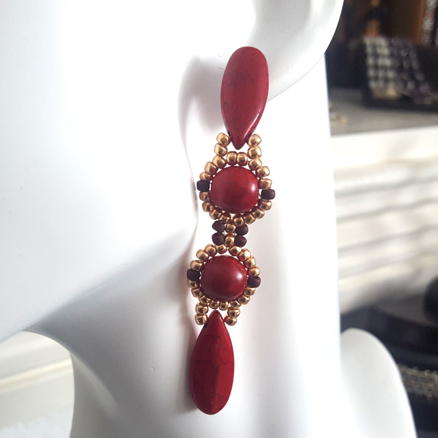 KTC-392R Red Howlite Long Dangle Statement Earrings - Free Shipping - Kalitheo Jewellery