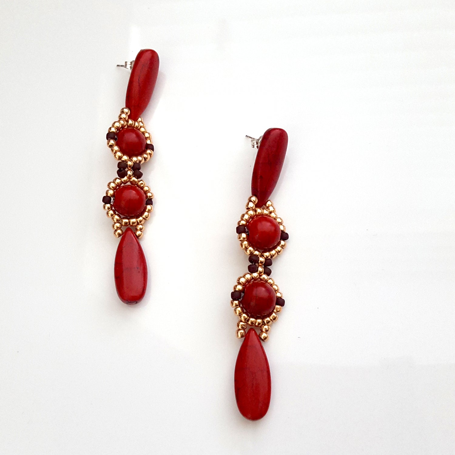 KTC-392R Red Howlite Long Dangle Statement Earrings - Free Shipping - Kalitheo Jewellery