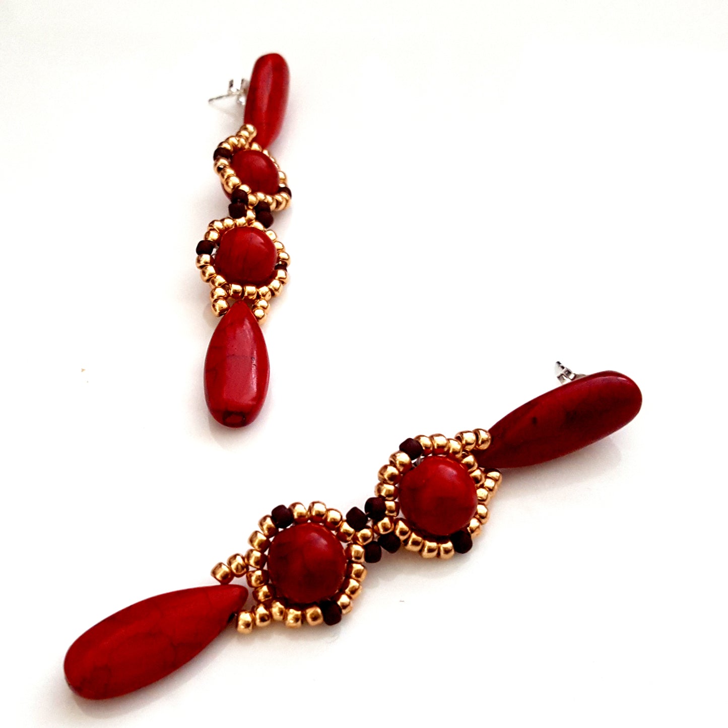 KTC-392R Red Howlite Long Dangle Statement Earrings - Free Shipping - Kalitheo Jewellery