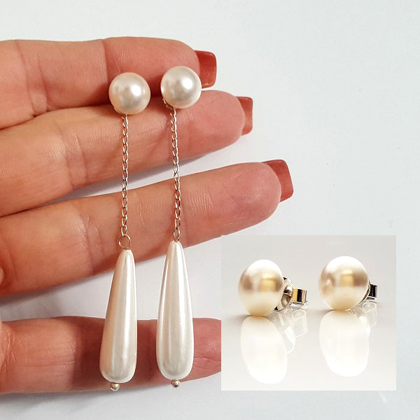 White Shimmer -  Swarovski Pearl Studs & Shell Pearl 2-Way Long Dangle | KJ-389E Handmade Earrings - Kalitheo Jewellery