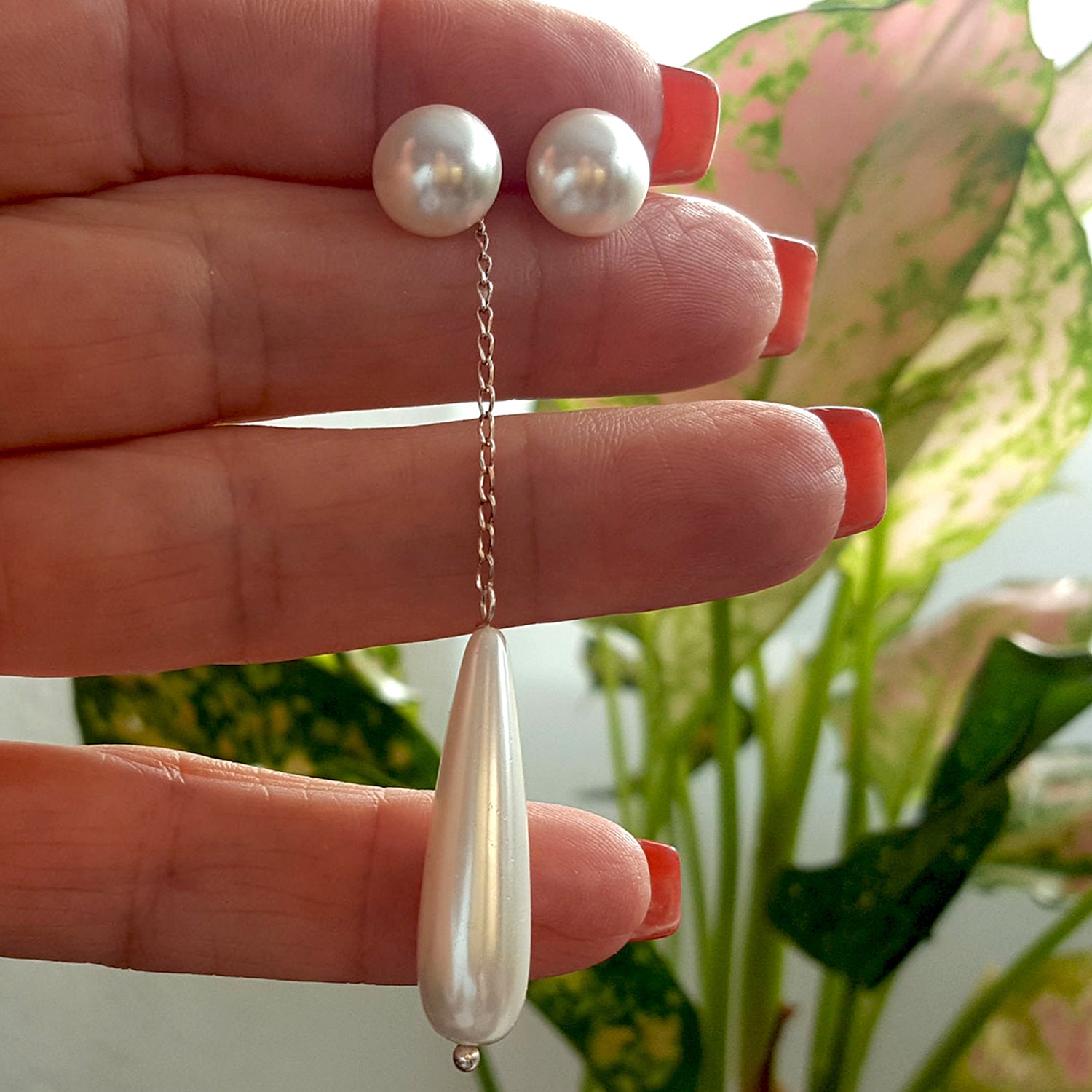 White Shimmer -  Swarovski Pearl Studs & Shell Pearl 2-Way Long Dangle | KJ-389E Handmade Earrings - Kalitheo Jewellery