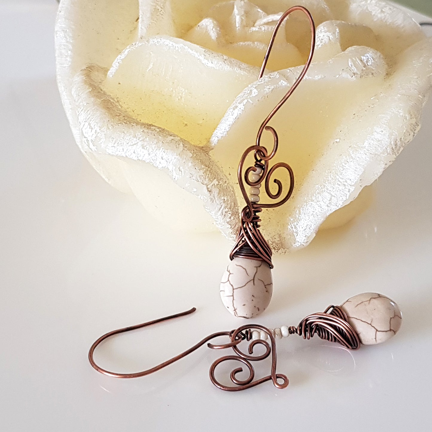 Hanging Hearts - Oxidized Copper Teardrop Howlite | (KJ-397E) Handmade Earrings - Kalitheo Jewellery