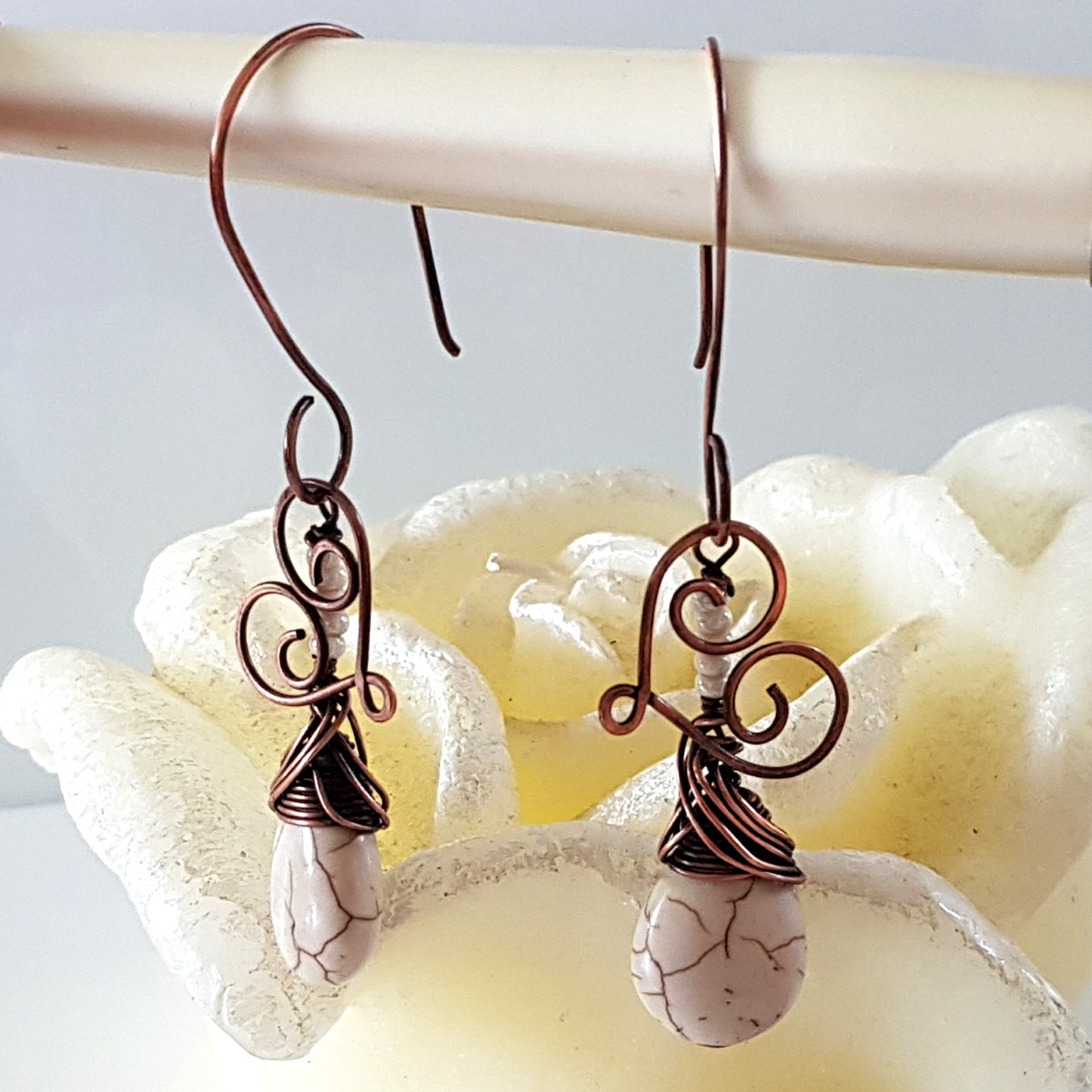 Hanging Hearts - Oxidized Copper Teardrop Howlite | (KJ-397E) Handmade Earrings - Kalitheo Jewellery