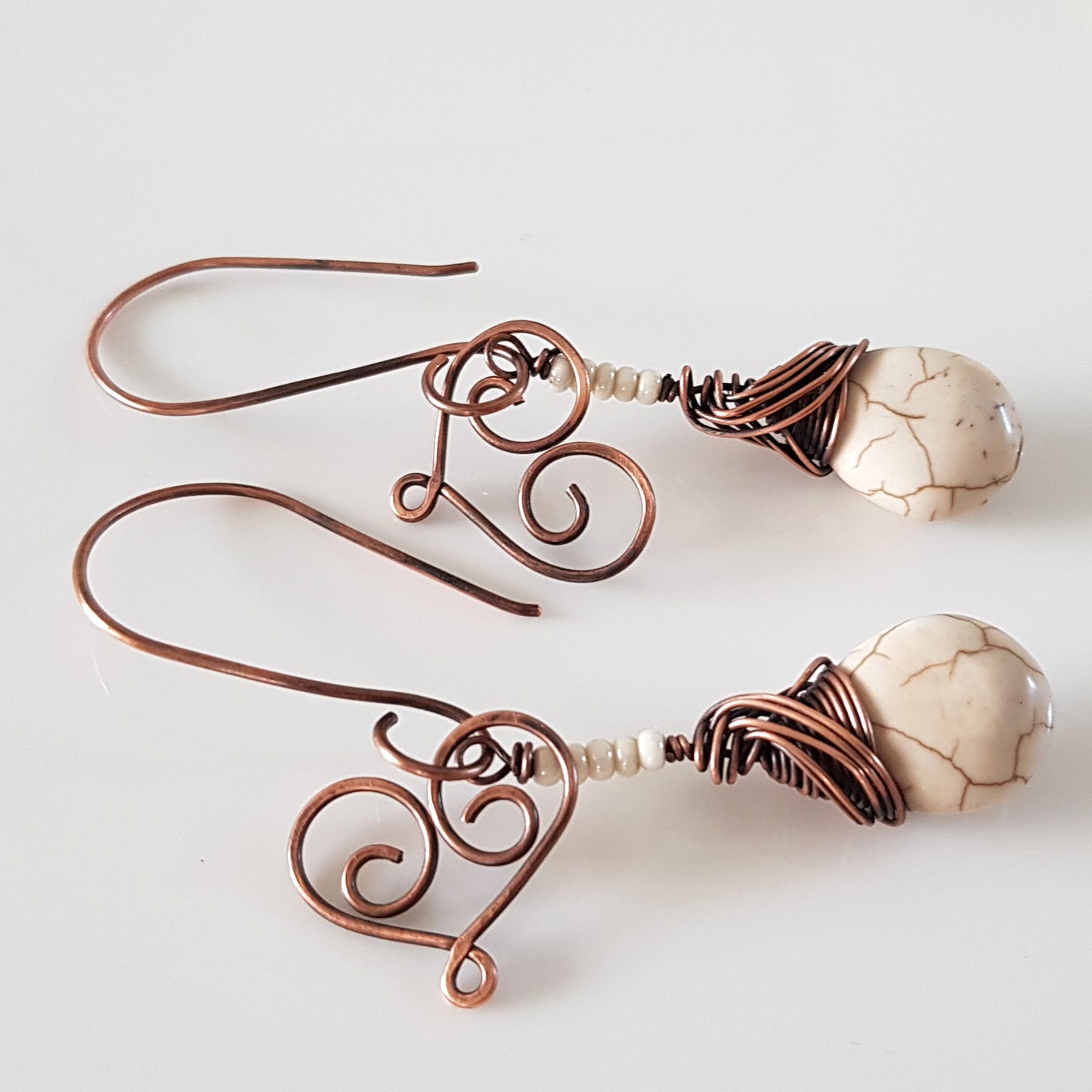 Hanging Hearts - Oxidized Copper Teardrop Howlite | (KJ-397E) Handmade Earrings - Kalitheo Jewellery