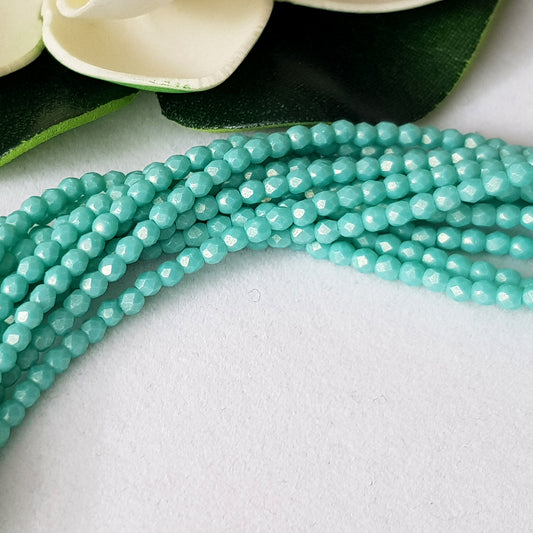 Czech Fire Polished 50 Bead Strand - Turquoise - Sueded Gold 2mm Round Faceted  | FP-02-MSG6313 | Beading Supply