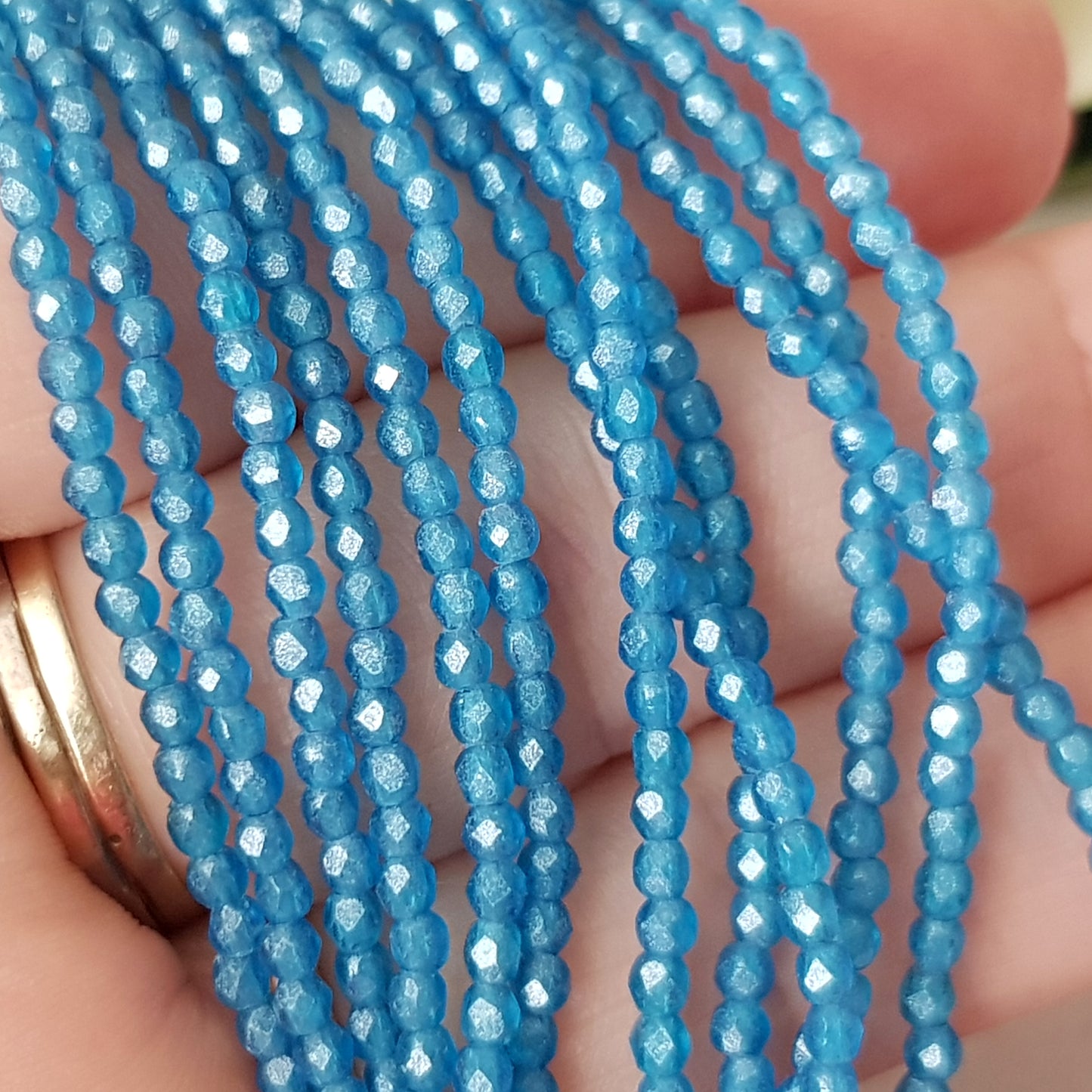 Czech Fire Polished 50 Bead Strand - Capri Blue - Flash Pearl 2mm Round Faceted  | FP-02-S9C3008 | Beading Supply