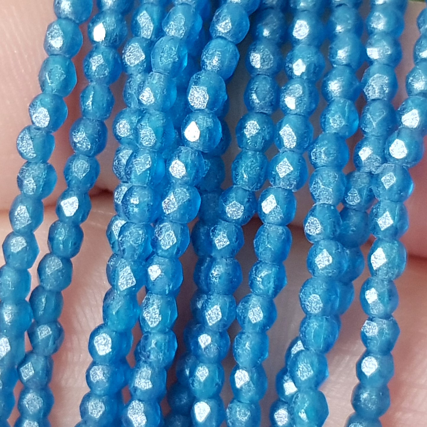 Czech Fire Polished 50 Bead Strand - Capri Blue - Flash Pearl 2mm Round Faceted  | FP-02-S9C3008 | Beading Supply