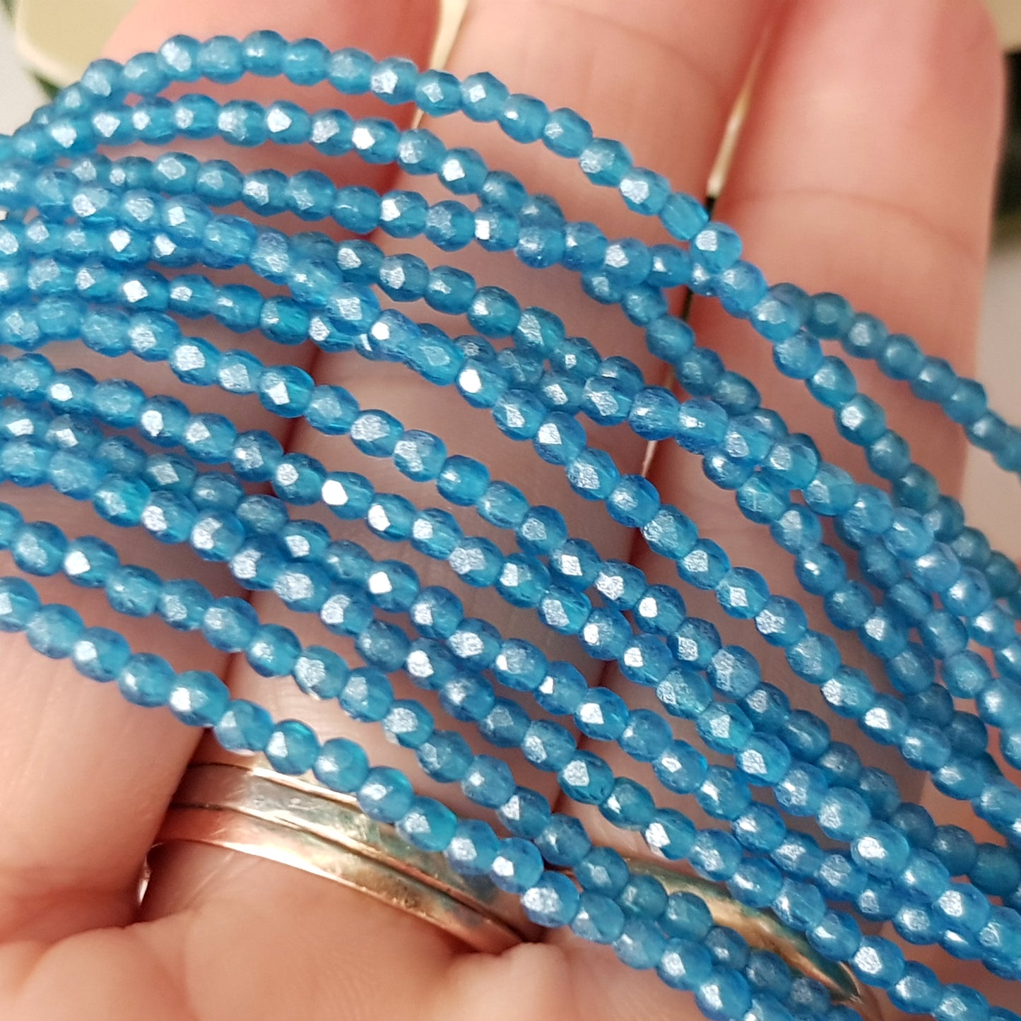 Czech Fire Polished 50 Bead Strand - Capri Blue - Flash Pearl 2mm Round Faceted  | FP-02-S9C3008 | Beading Supply