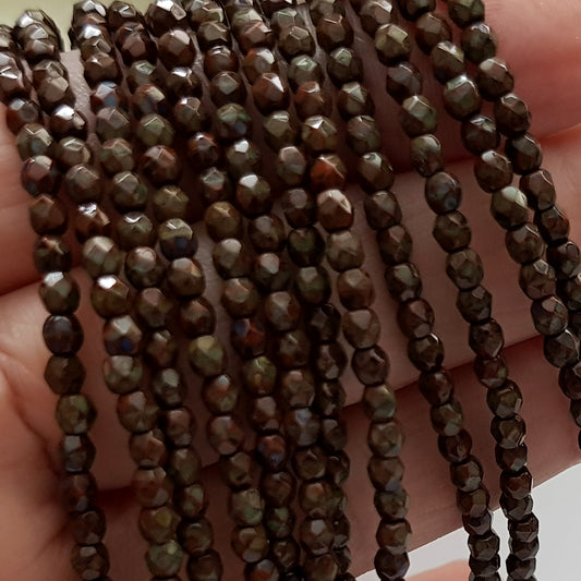 Czech Fire Polished - Umber - Picasso 3mm Round 50 Bead Strand  |  FP-03-T13610 | Beading Supply