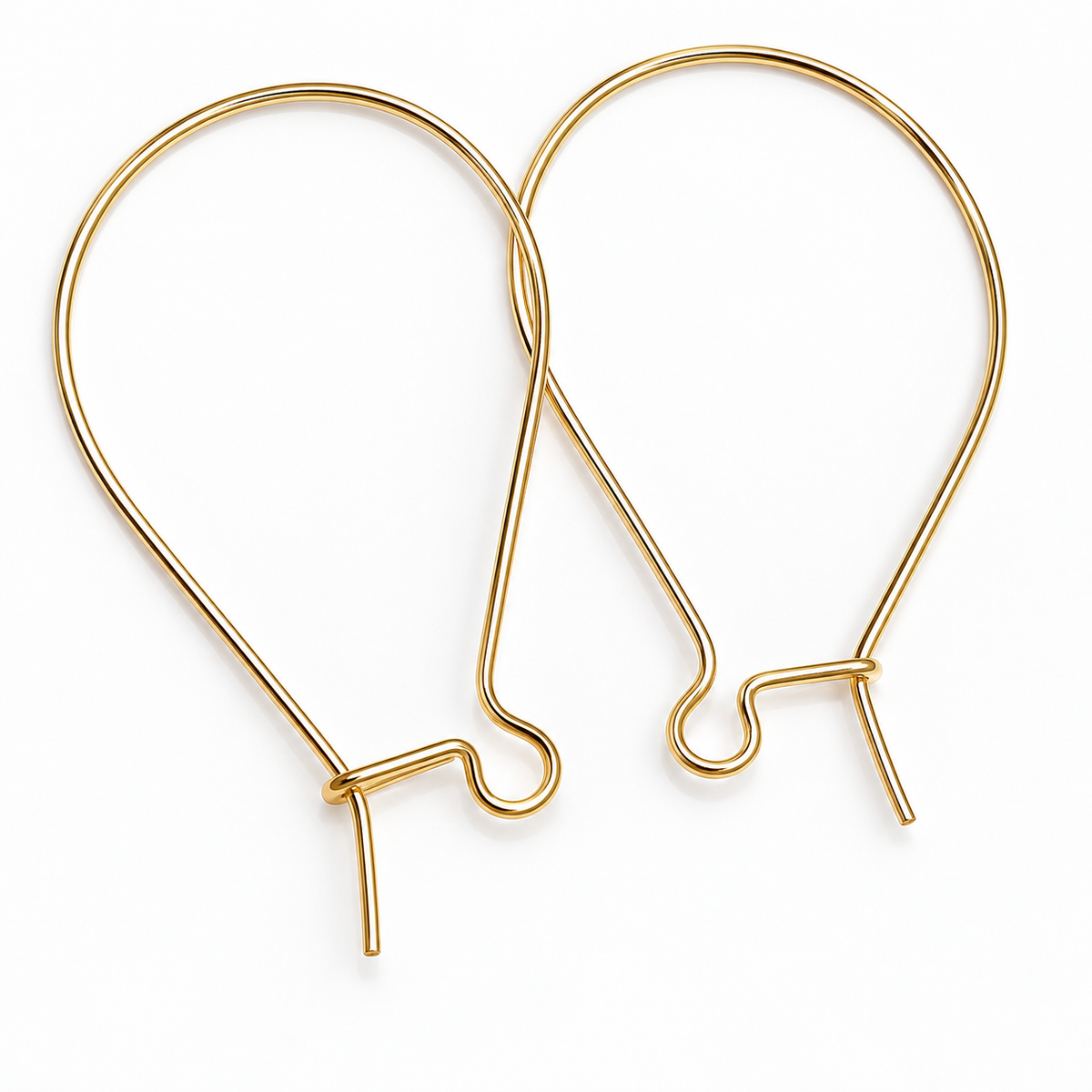Two gold filled kidney ear hooks on white background showing smooth teardrop wire profile and locking mechanism