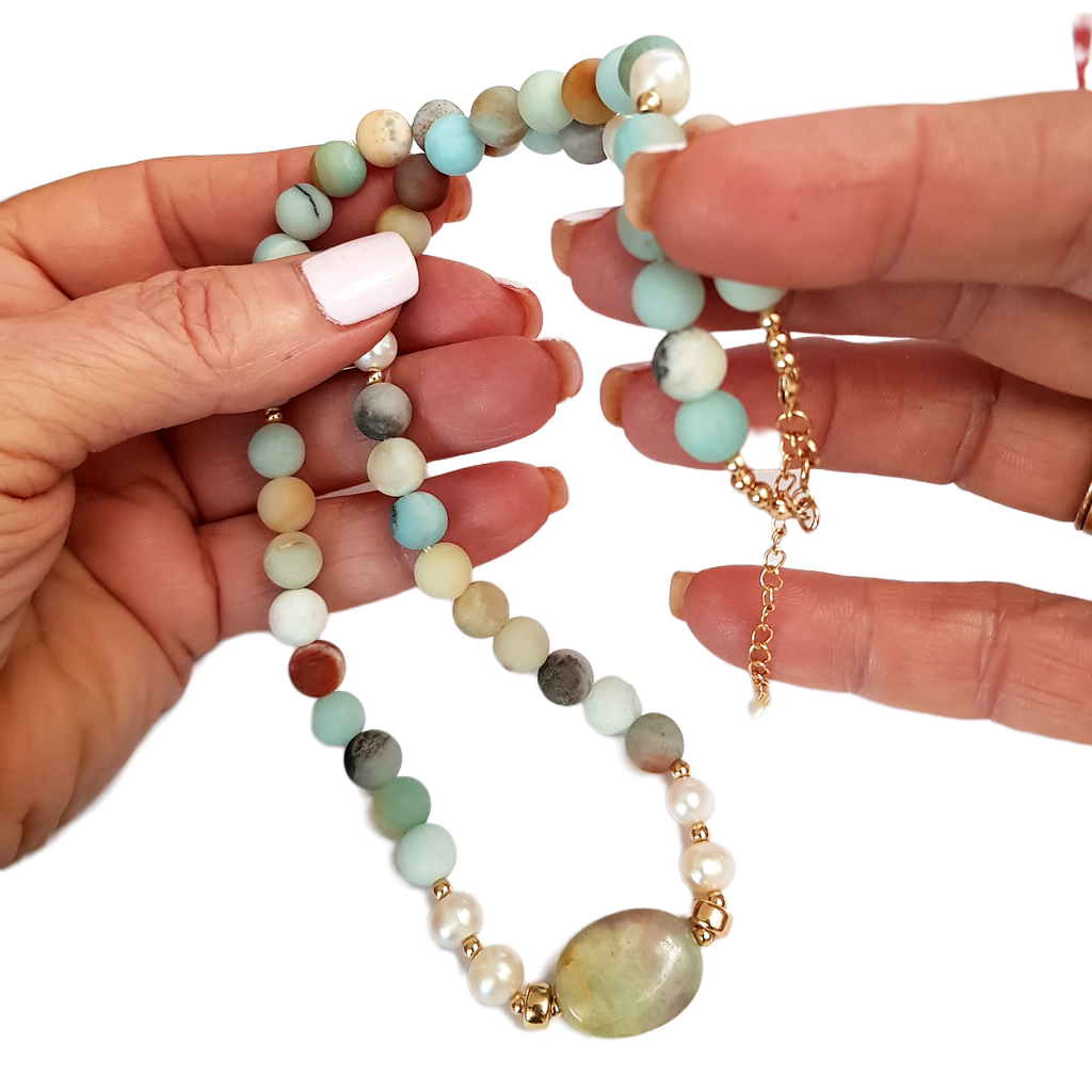 Amazonite Beaded Necklace with Freshwater Pearls & Gold Filled Details – 52cm | FKJ-204N