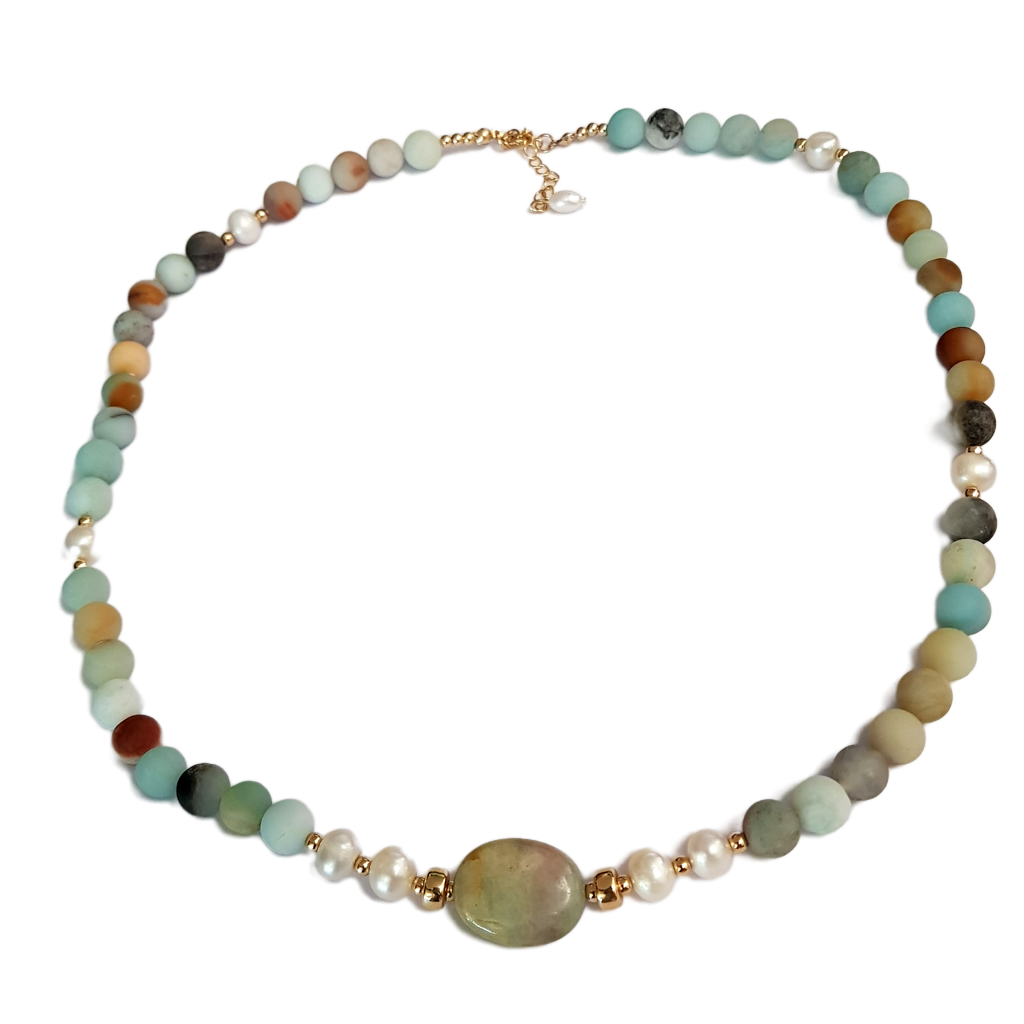 Amazonite Beaded Necklace with Freshwater Pearls & Gold Filled Details – 52cm | FKJ-204N