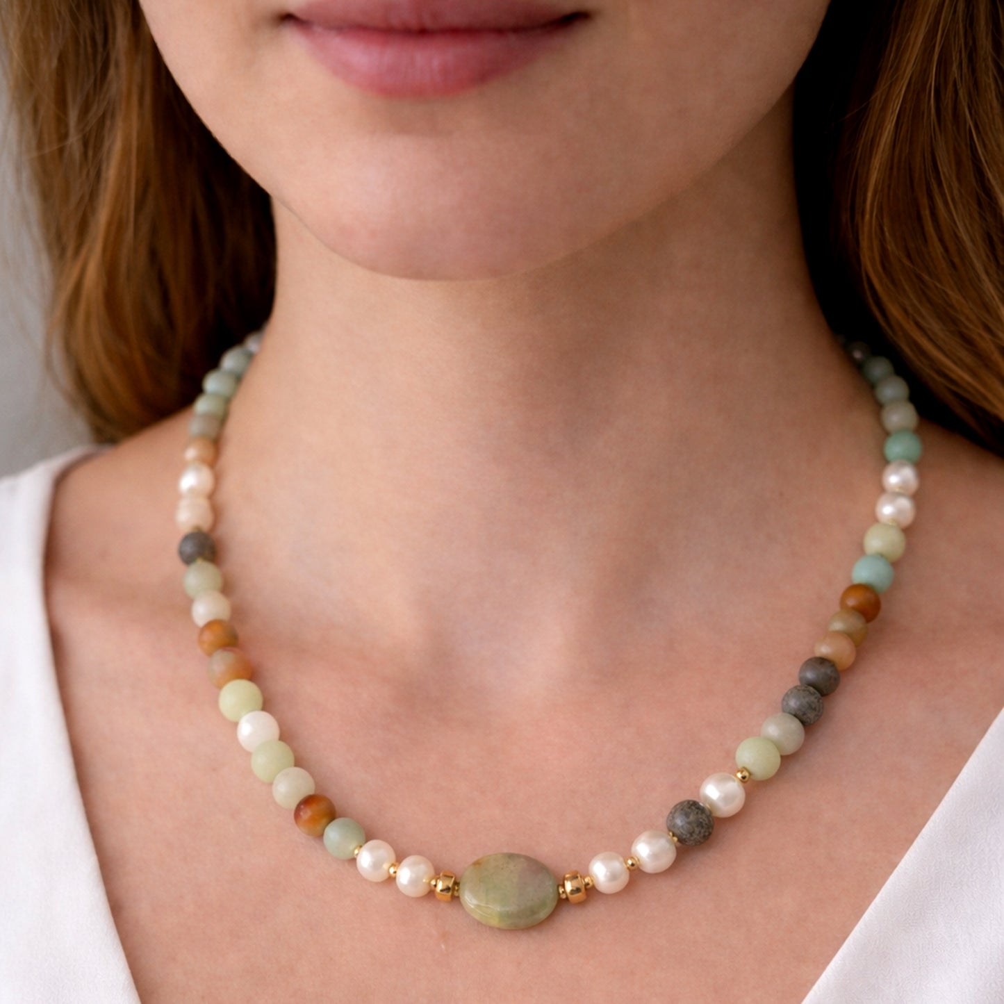 Amazonite Beaded Necklace with Freshwater Pearls & Gold Filled Details – 52cm | FKJ-204N