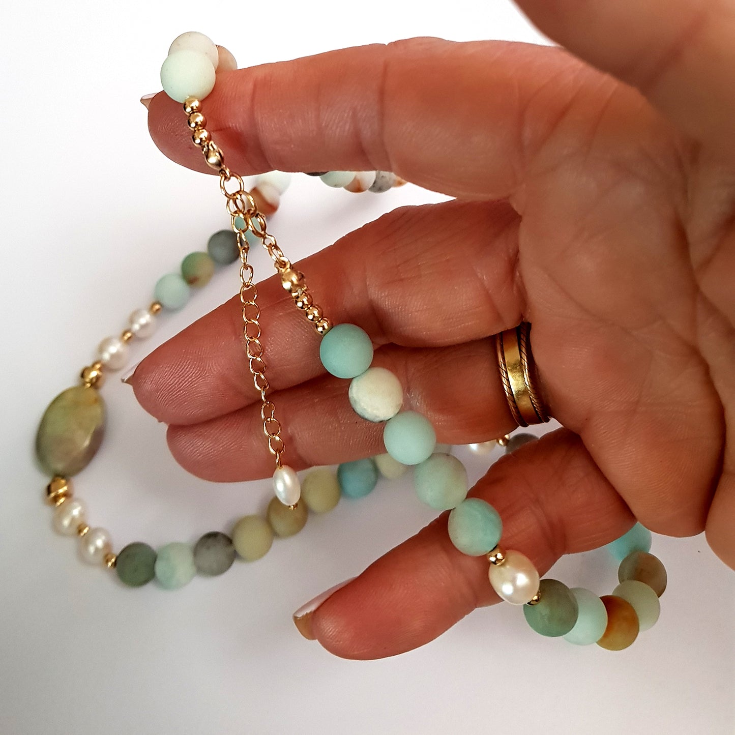Amazonite Beaded Necklace with Freshwater Pearls & Gold Filled Details – 52cm | FKJ-204N