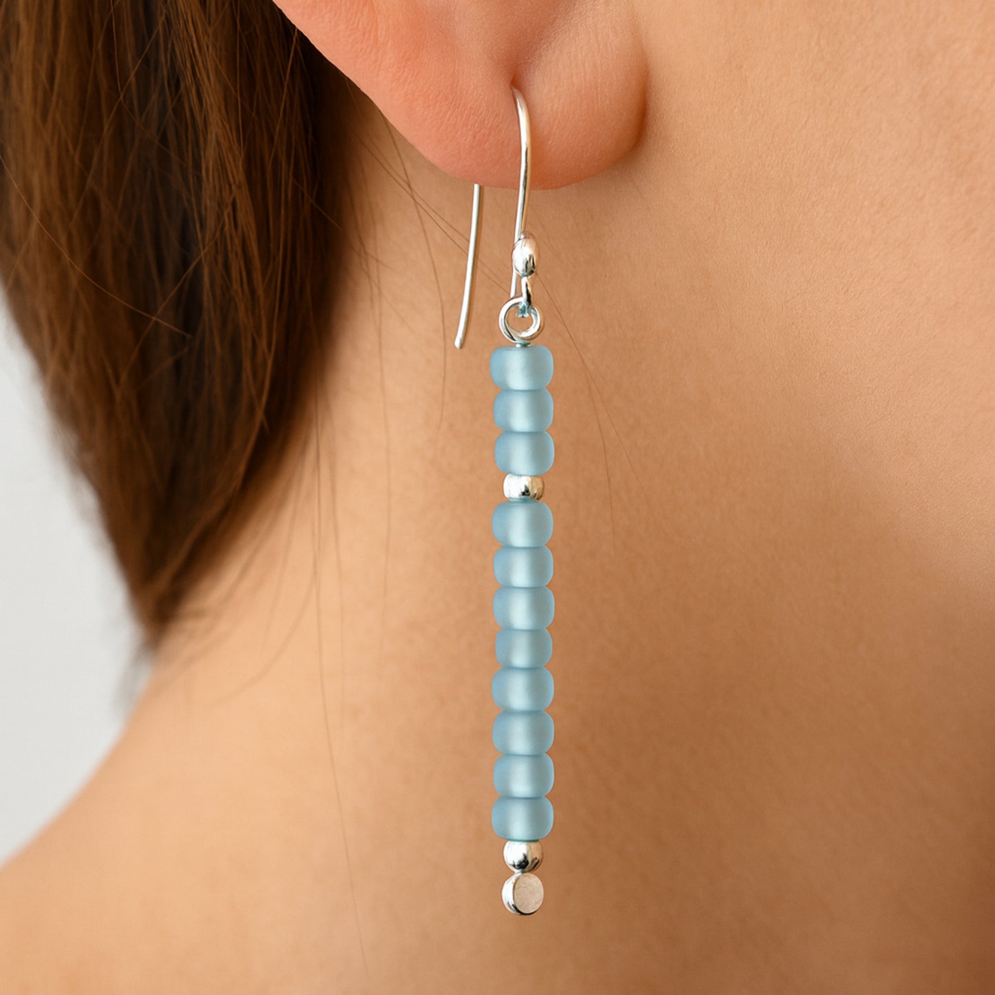 Handmade Baby Blue Long Beaded Earrings – Sterling Silver Argentium 940