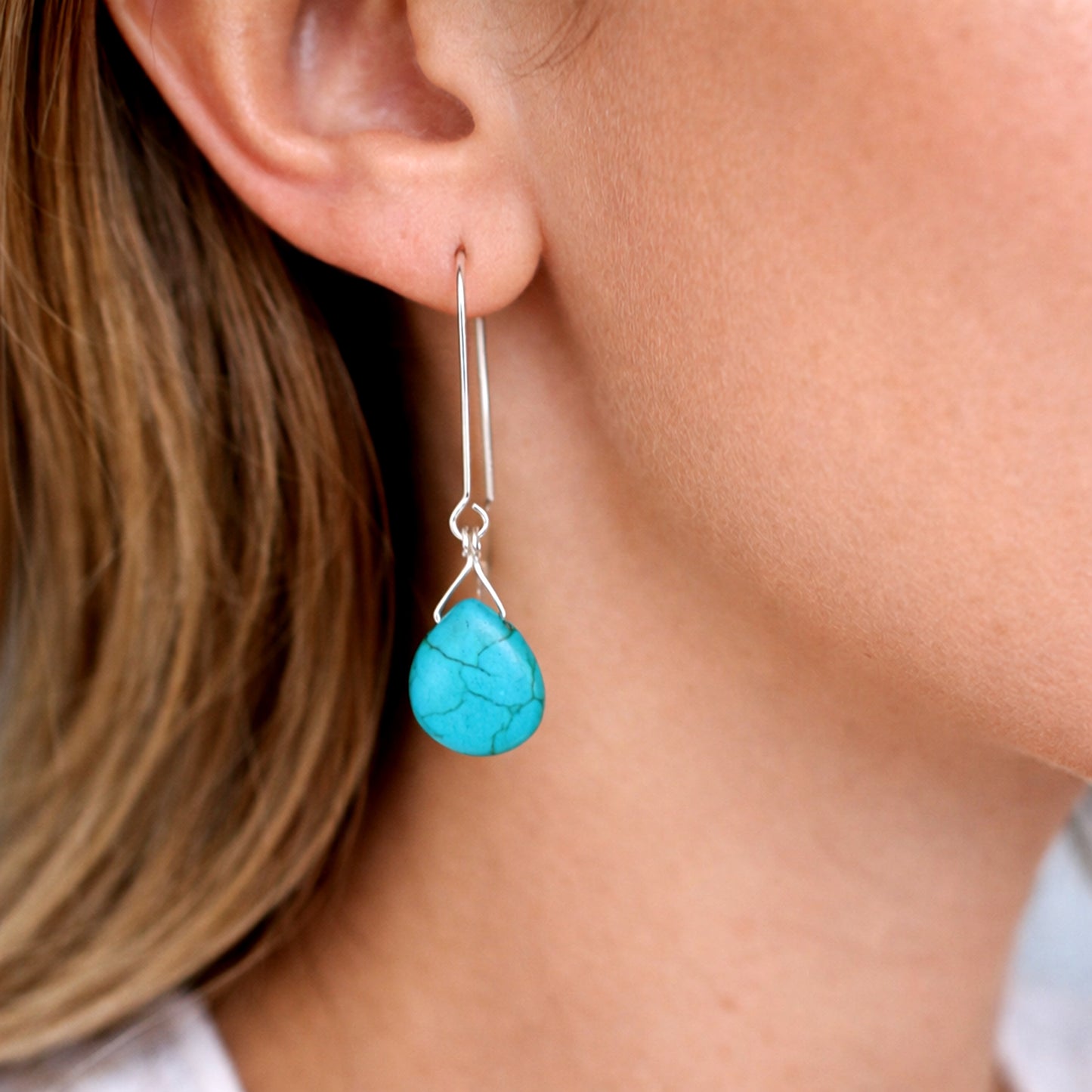 Blue Howlite Long Drop Earrings – Sterling Silver Hooks (Approx. 5cm)