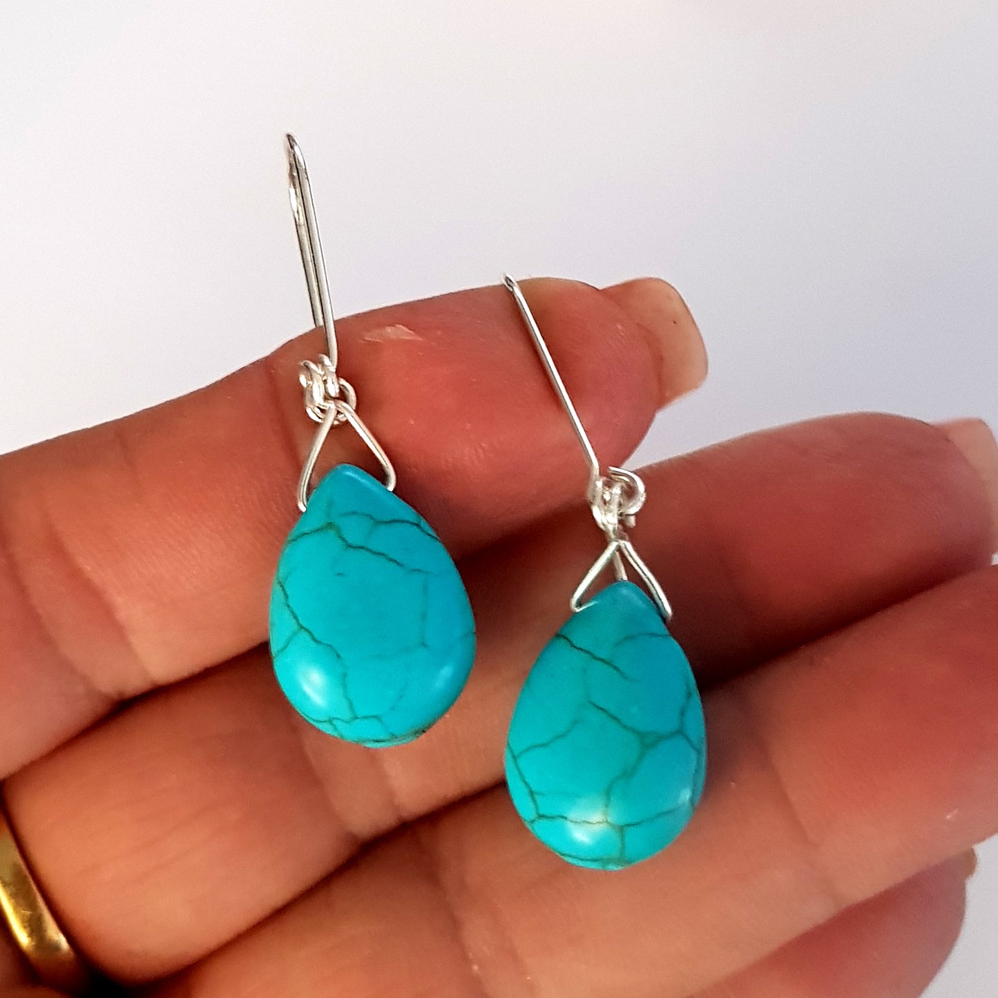 Blue Howlite Long Drop Earrings – Sterling Silver Hooks (Approx. 5cm)