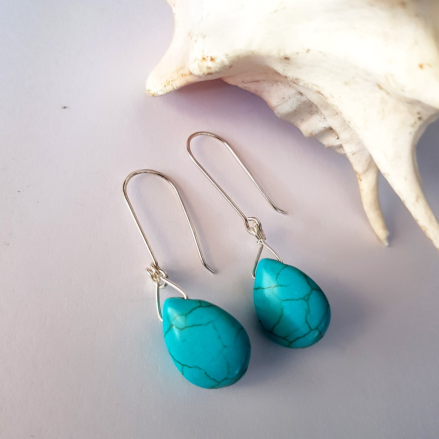 Blue Howlite Long Drop Earrings – Sterling Silver Hooks (Approx. 5cm)