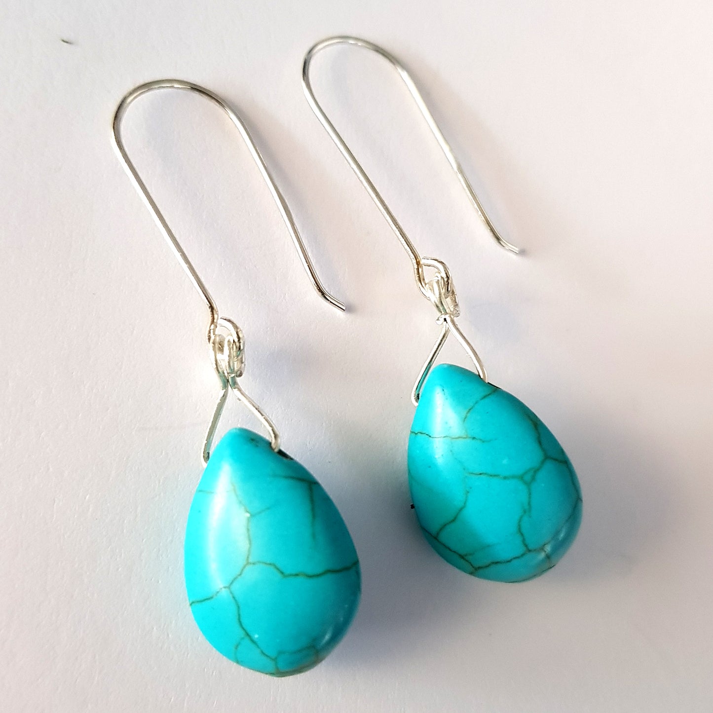 Blue Howlite Long Drop Earrings – Sterling Silver Hooks (Approx. 5cm)