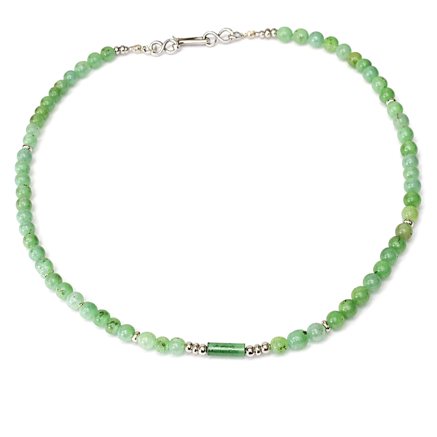 Green beaded necklace with a silver clasp on a white background
