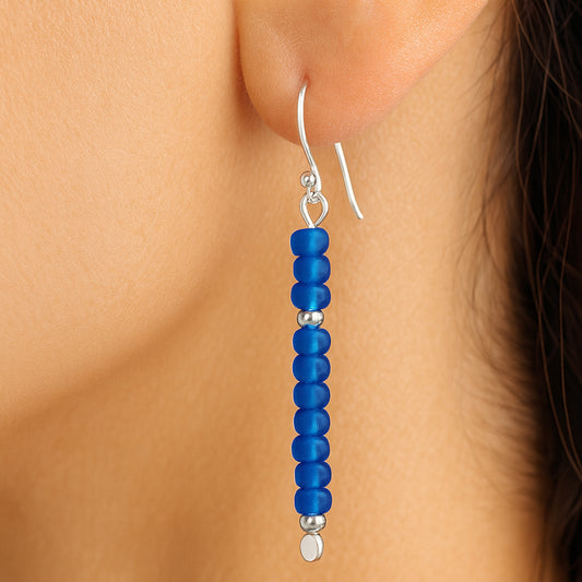 Handmade Blue Long Beaded Earrings – Sterling Silver Argentium 940